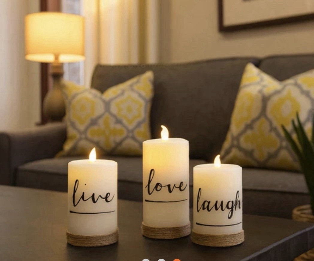 Set of 3 Decorative Flameless LED Candles ‘Live Love Laugh’ White Modern Battery