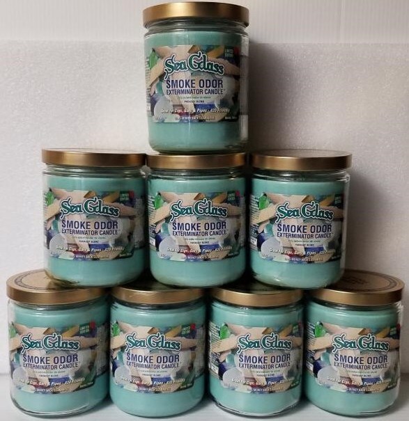 Smoke Odor Exterminator 13 oz Jar Candle, Sea Glass Set of Eight Candles.