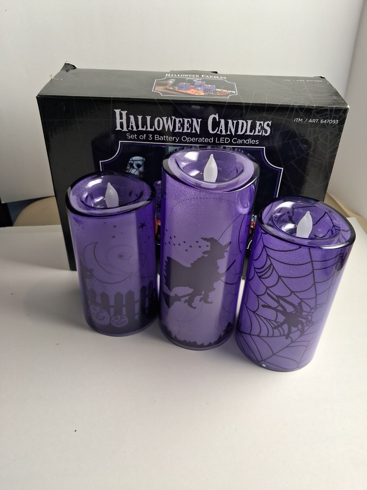 LED Halloween Candles Battery Operated Purple Set of 3 Witch Cat Spider Working