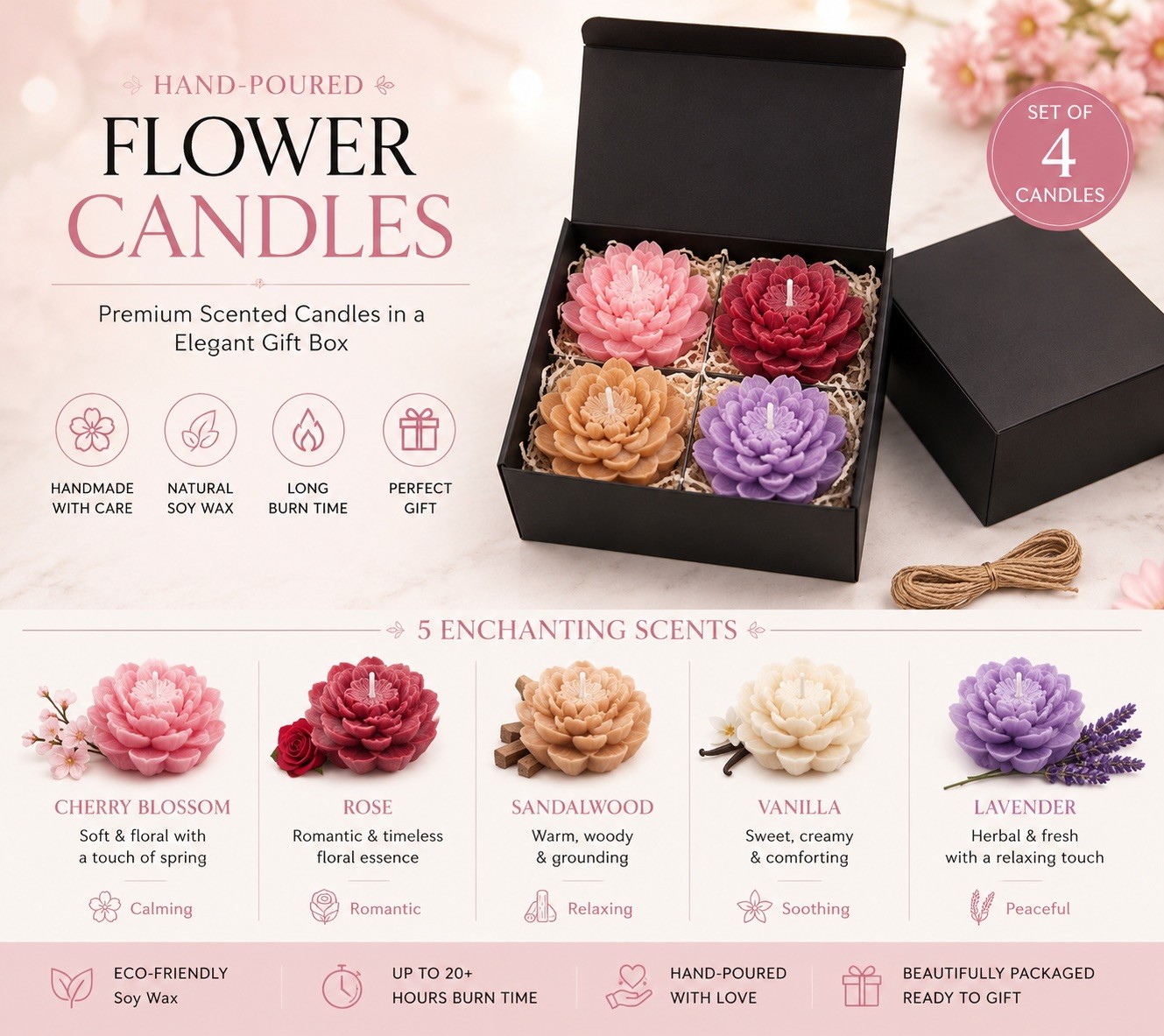 Luxury Set of 4 Handmade Flower Candles Gift Box | Scented Soy Wax Candles