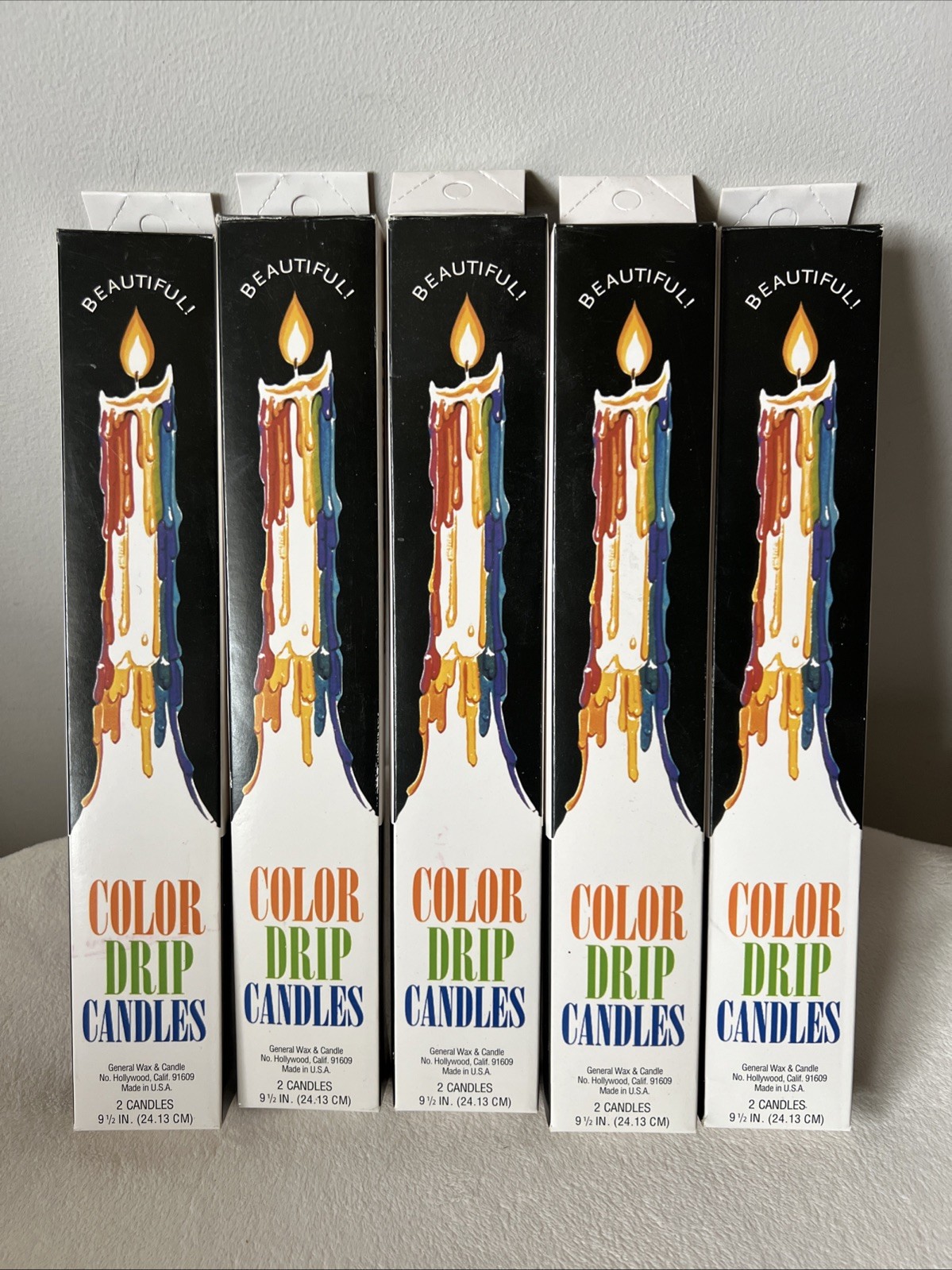 Vintage Color Drip Candles Multicolor 5 Boxes Made In USA 9 1/2″. 90s