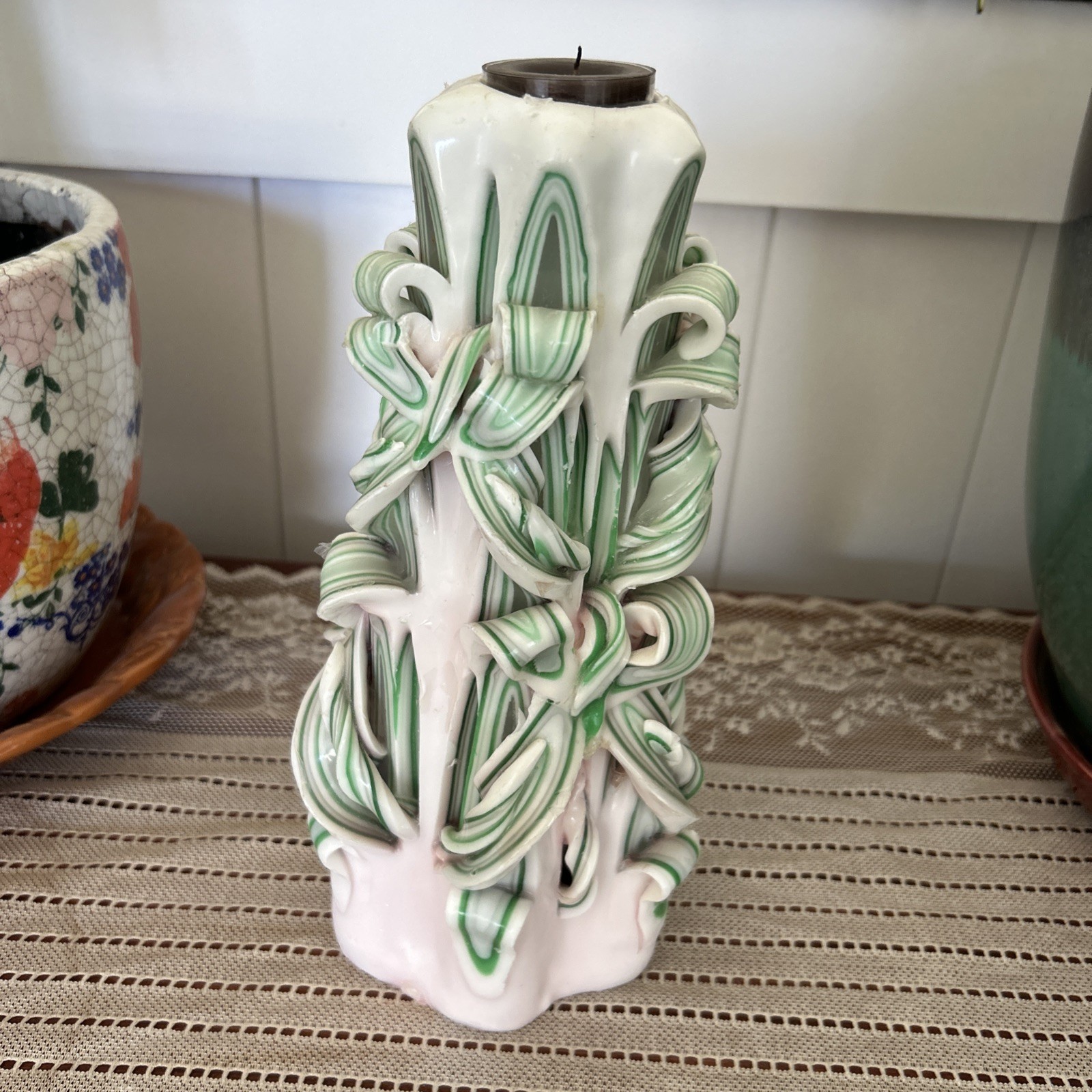 Vintage Hand Carved Pillar 10″ Candle Ribbon Bows White Pink Light Green