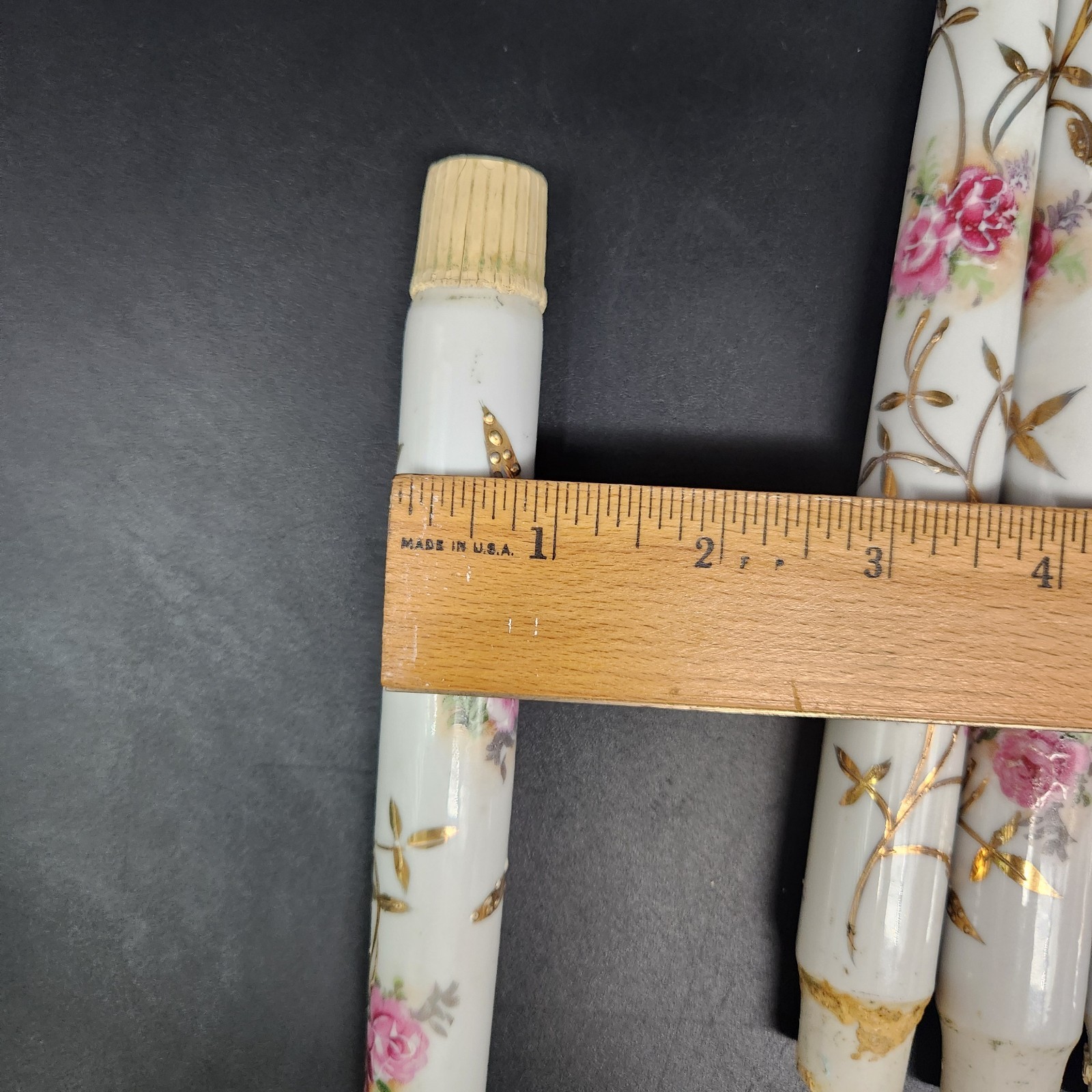Set of 4 Antique? Porcelain Faux Taper Candles Hand Painted Floral Gold Accents