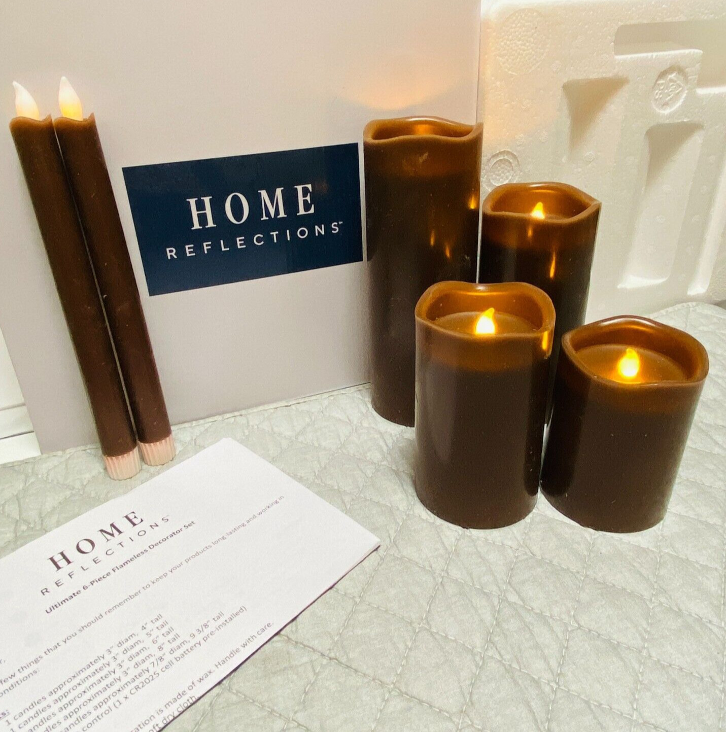 Flameless Candle Set MINK BROWN Sculptured Top Home Reflections 6 Piece Remote