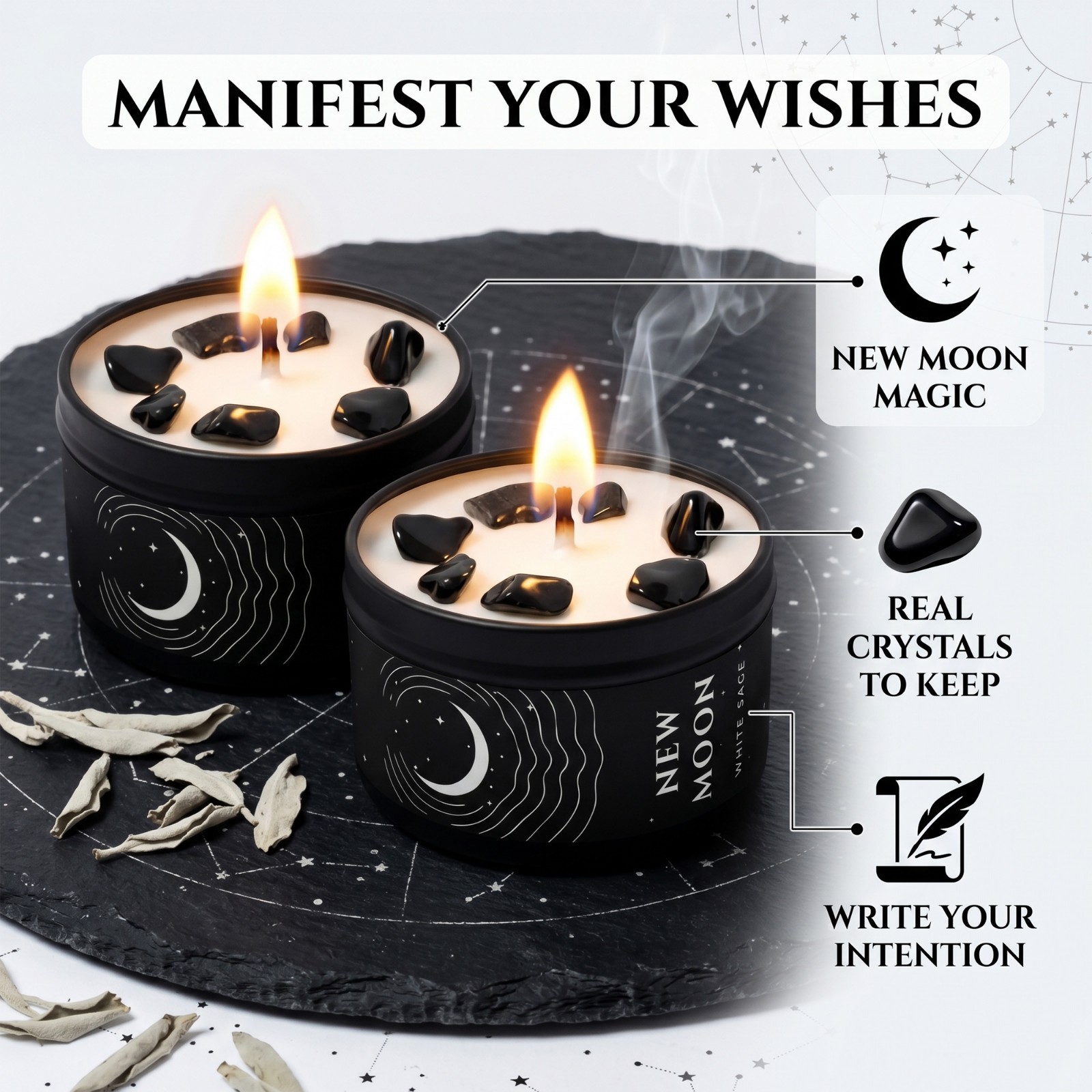 2 Pack New Moon Candle Crystal Soy Manifestation Witchy Celestial Ritual Gift
