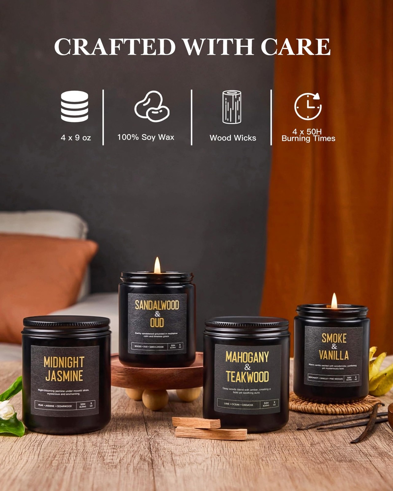 Crackling Wood Wick Candles for Men: 4 Pack 36oz Soy Scented Candles for Home…