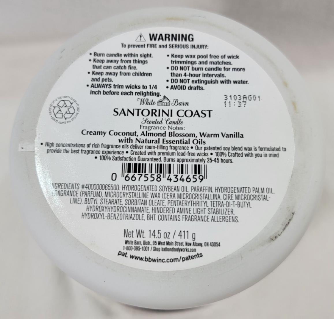 White Barn Candle: SANTORINI COAST Bath Body Works 3-wick Coconut Vanilla Almond