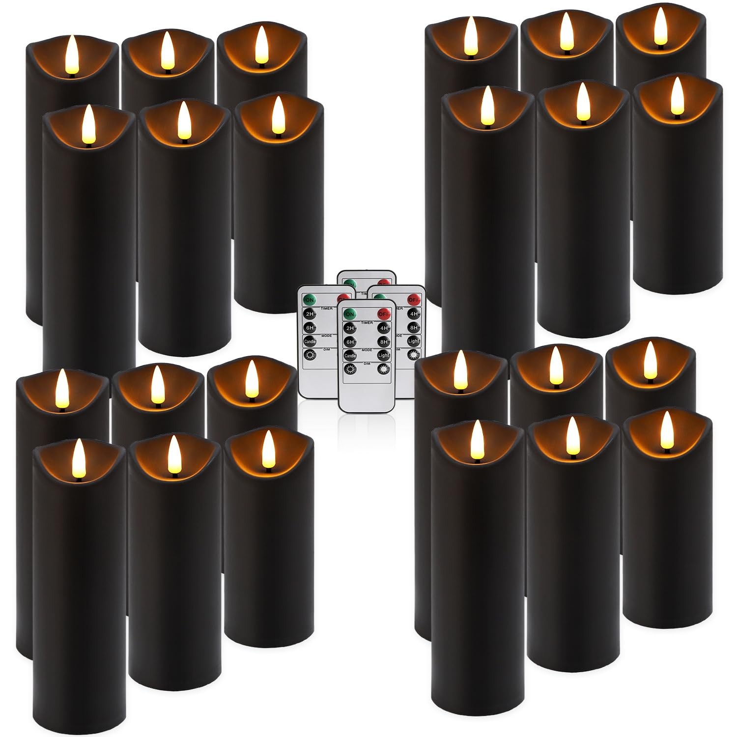 Set of 24 Flickering Black Flameless Candles, Battery Operated LED Pillar Can