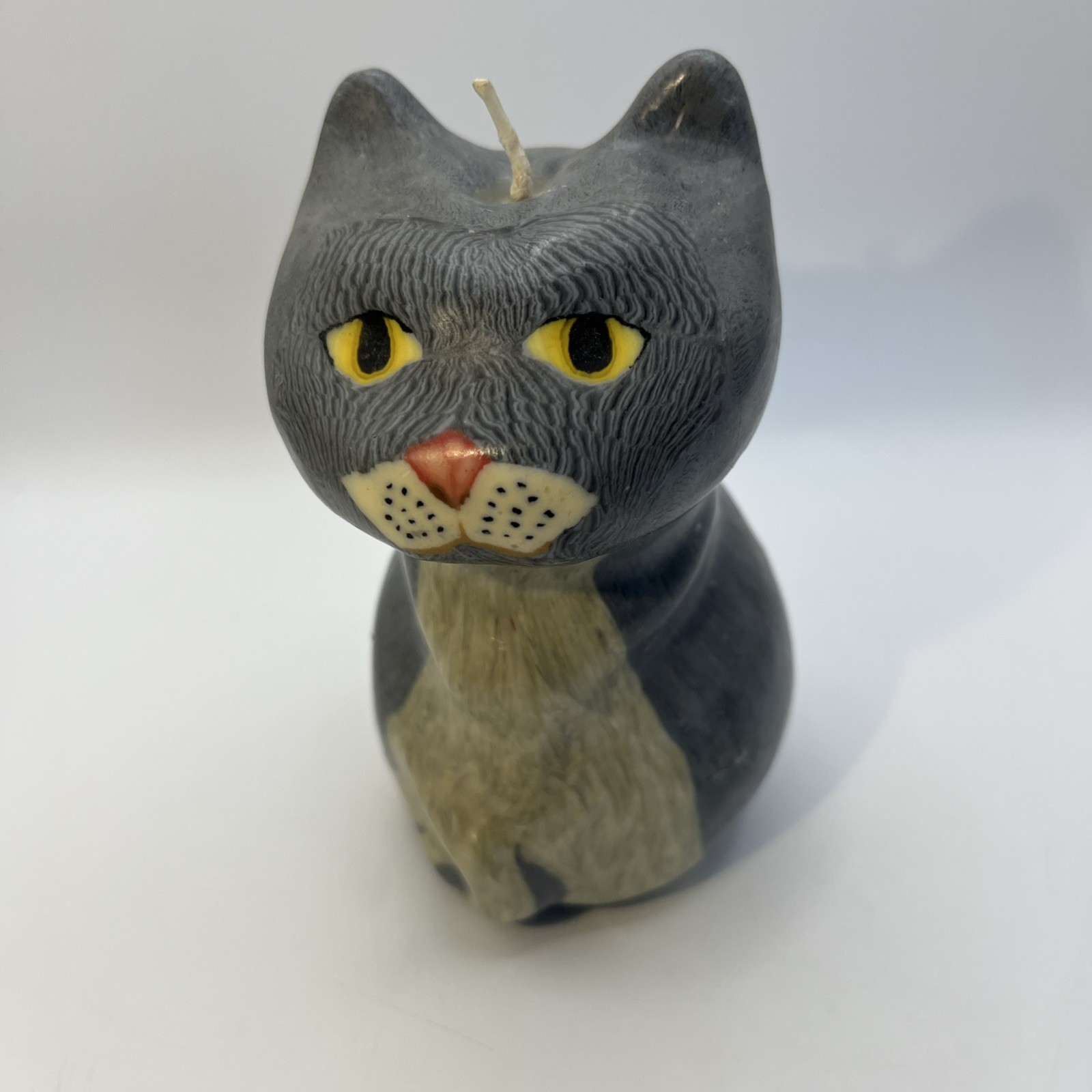 Vtg Gray Tuxedo Yellow Eye Cat Candle 5.5” Wax Figurine Pets Decor Collectible