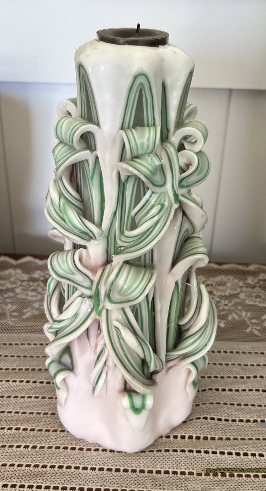 Vintage Hand Carved Pillar 10″ Candle Ribbon Bows White Pink Light Green