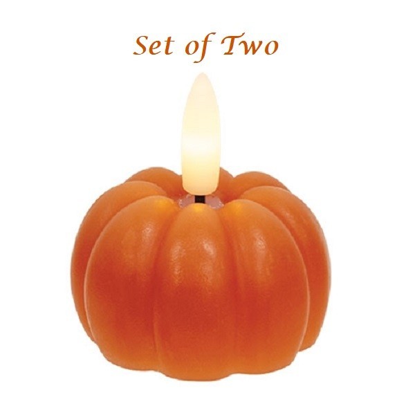 NEW Primitive PUMPKIN LED CANDLES 2 pcs HALLOWEN FALL 2.5″Tx2.5″D Small Orange