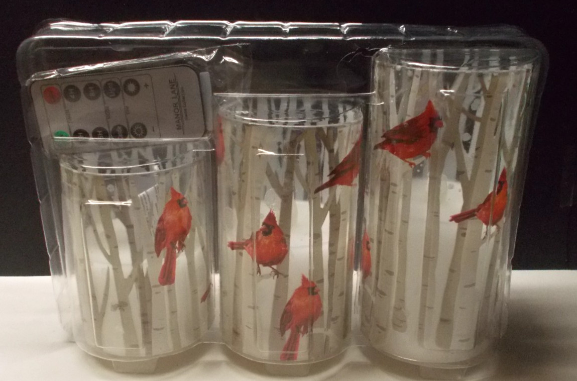 Flameless LED Candle Set Cardinals in Birch Trees 4″ 5″ 6″ Remote Timer Indoor