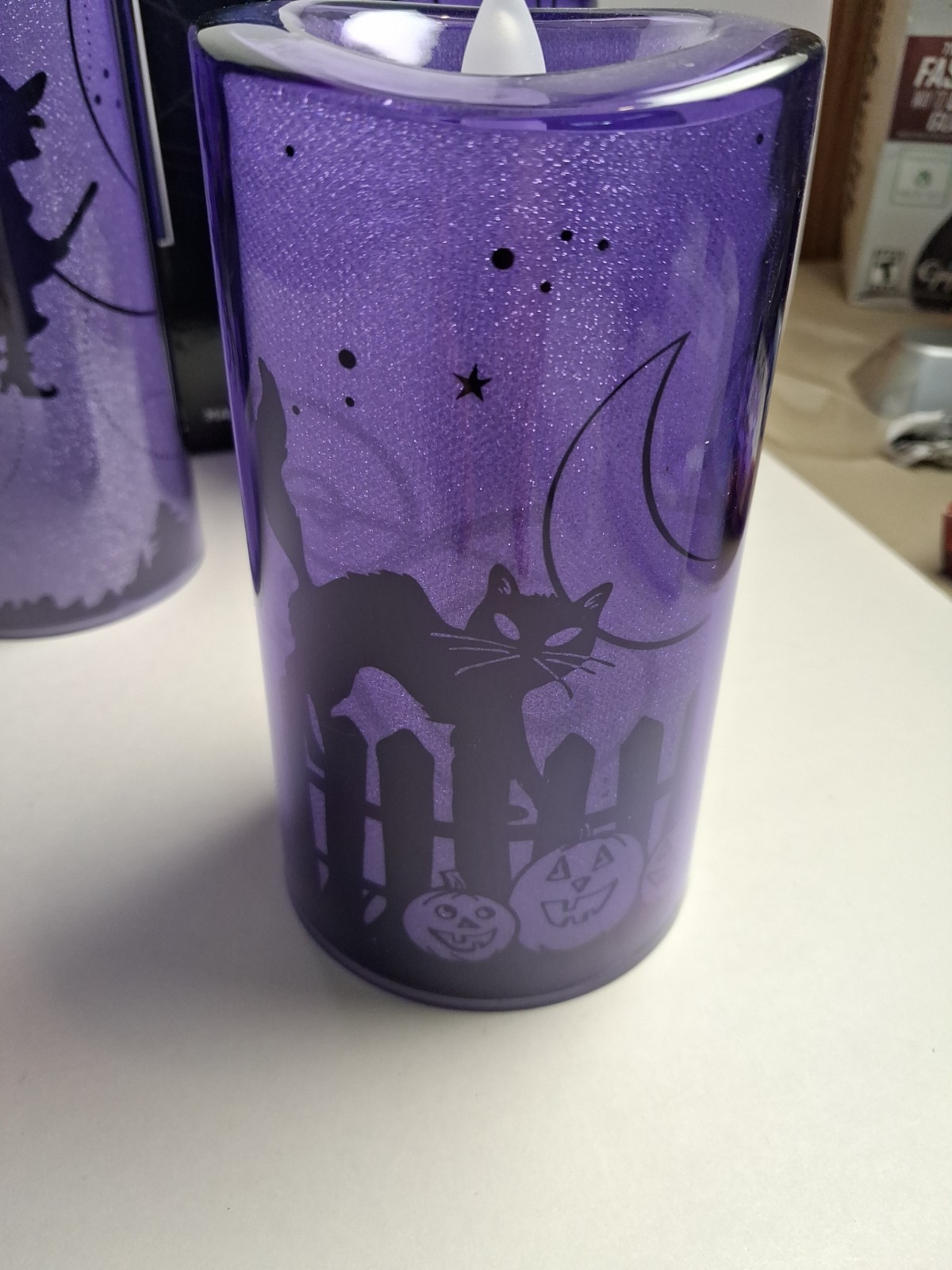 LED Halloween Candles Battery Operated Purple Set of 3 Witch Cat Spider Working