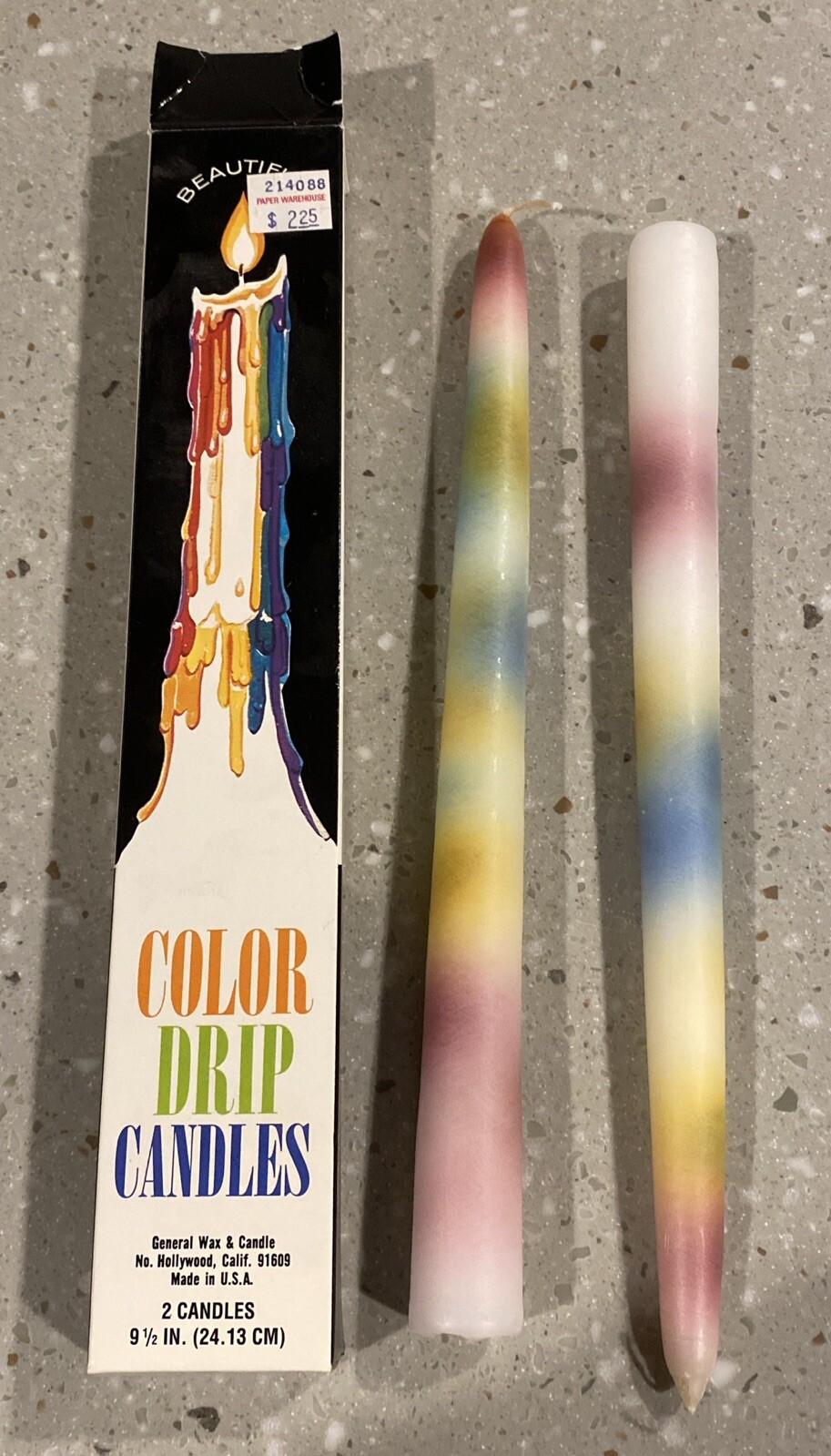 2 Multi Color DRIP CANDLES 9-1/2″ Rainbow Drip USA NOS Vintage