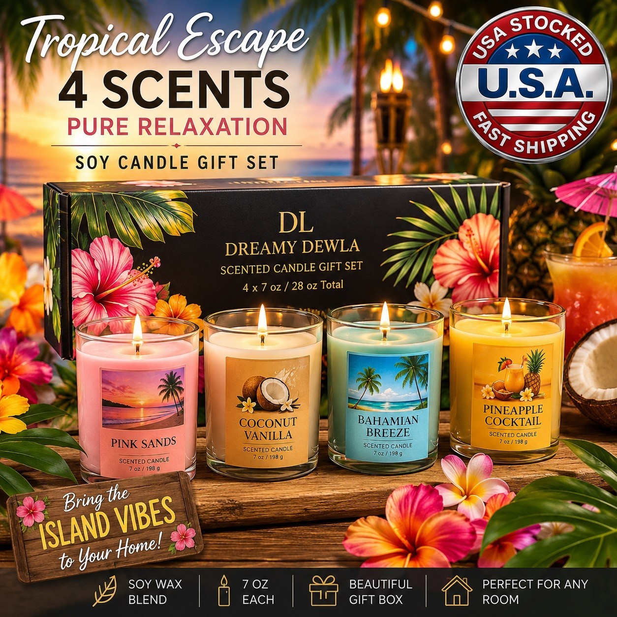 Dreamy Dewla 4 Pack 7oz Soy Scented Candles Jar Gift Set Home Fragrance