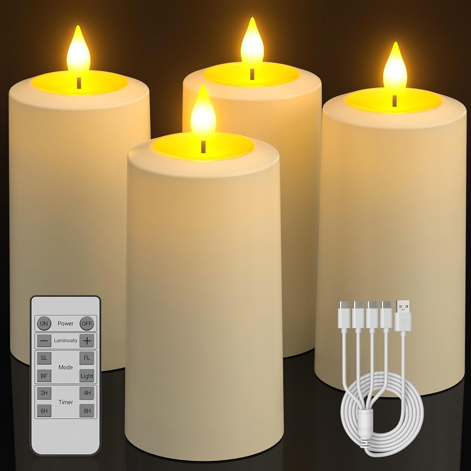 Flameless LED Candles, 4-Pack USB Rechargeable, Flickering Waterproof White Pill