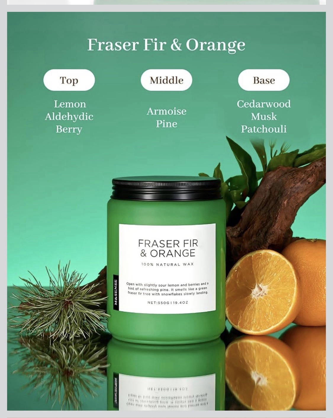M&SENSE Frasier Fir & Orange Soy Wax Multiple Wick Candle 19.4oz Green Jar