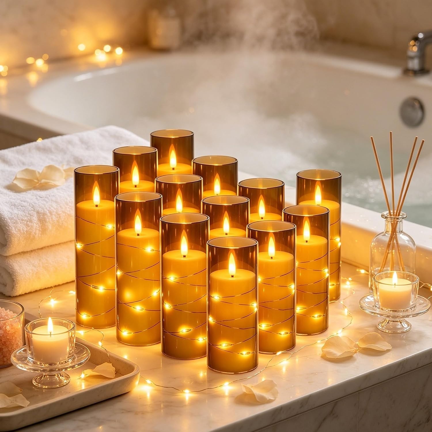 12 Pack Gray Acrylic Flameless Taper Candles, Flickering Black Wick LED Candles