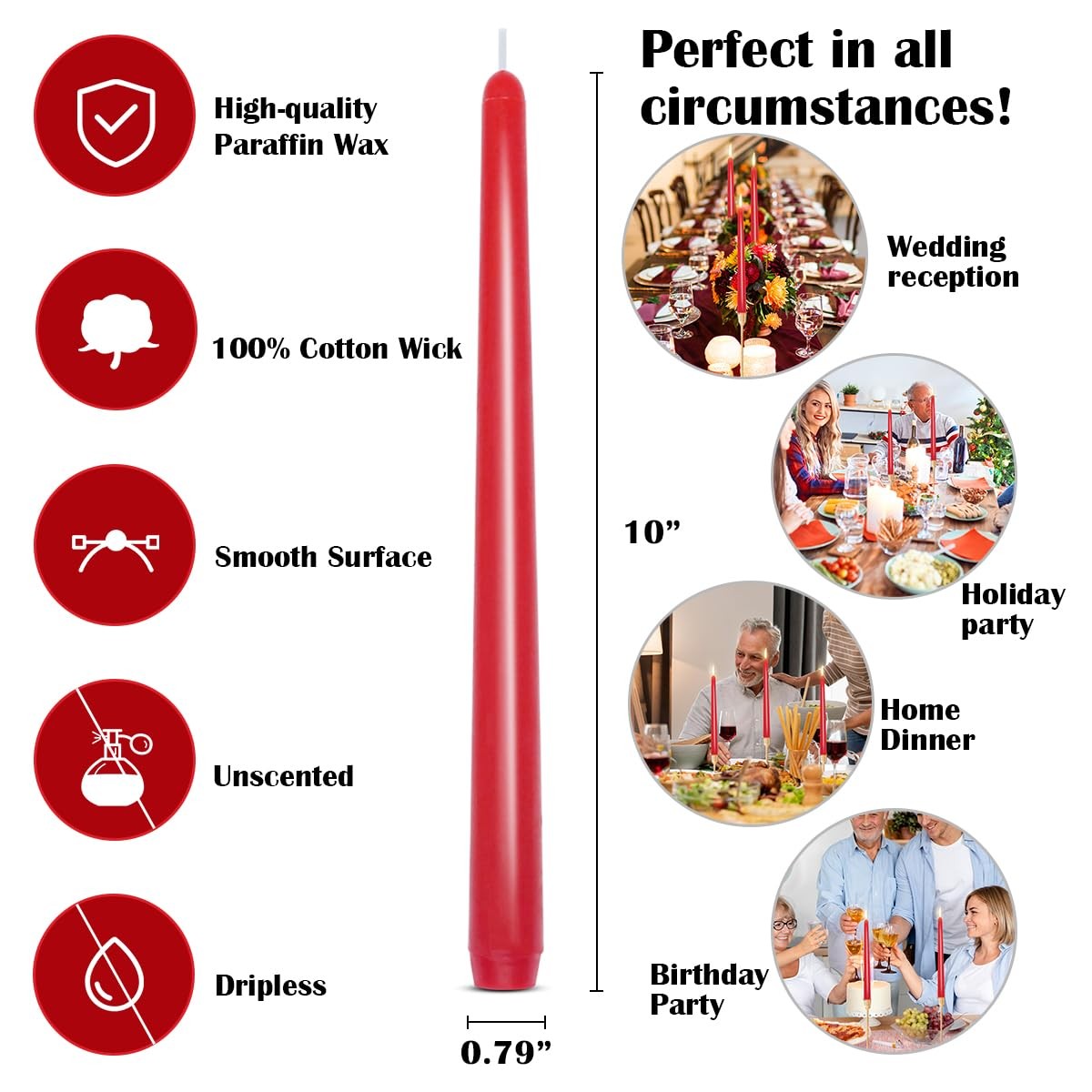 Set of 8 10 Inch Red Taper Candles, Dripless Unscented 8 Packs,