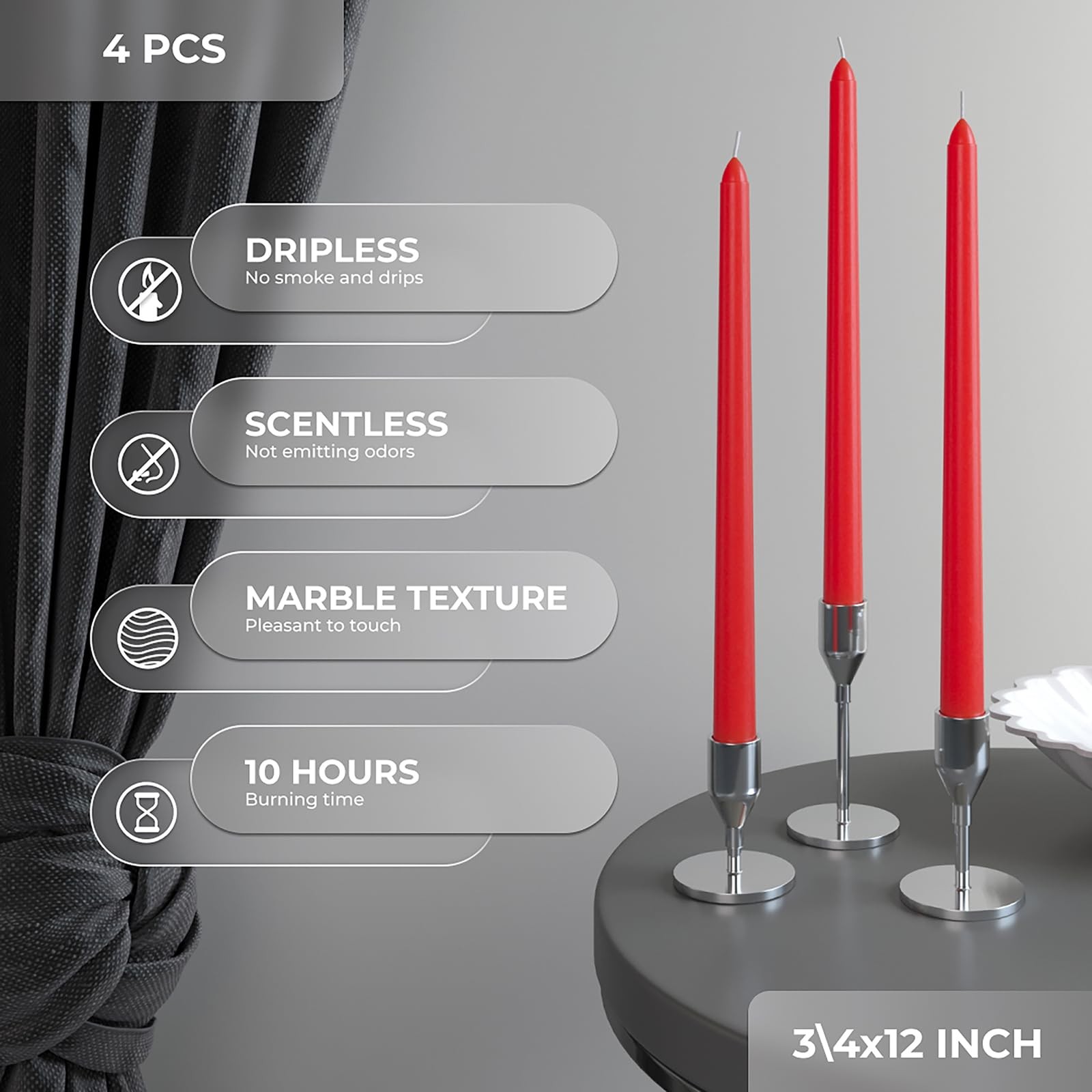 12 inch Red Taper Candles Set of 4 – Dripless and Long Burning Red Candlestic…