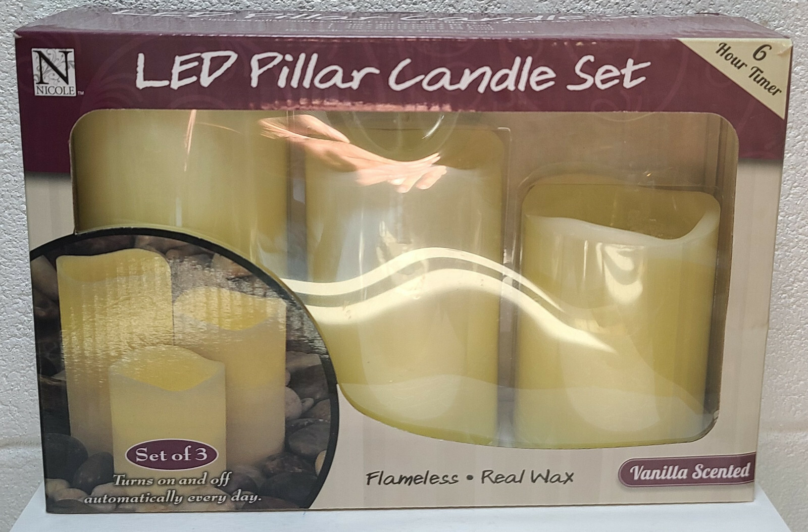 Nicole Led Pillar Candle Set Vanilla Scent AAA batteries to operate each one