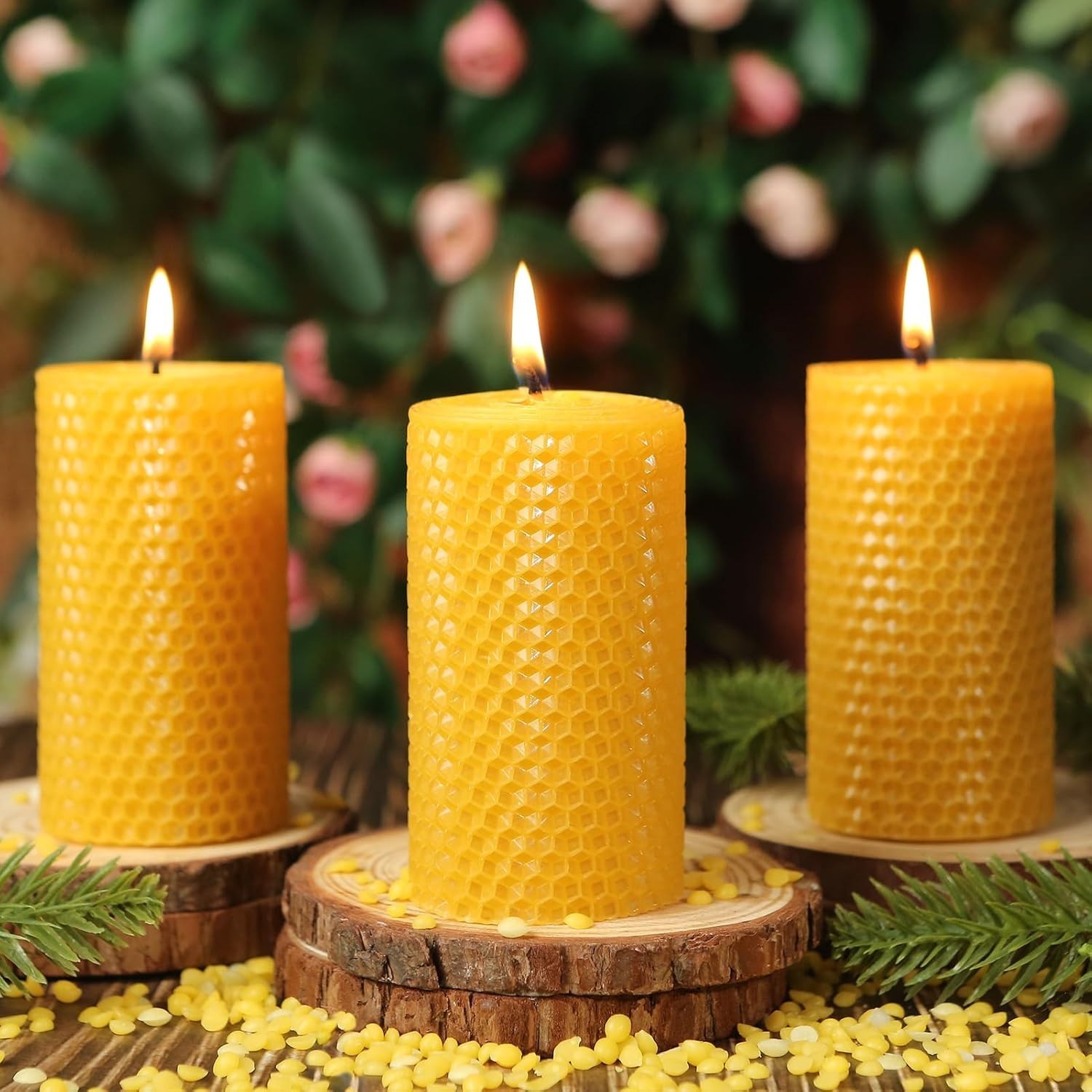 Beeswax Pillar Candles 3 Pack Long Burn Unscented Dripless Organic 2x4in