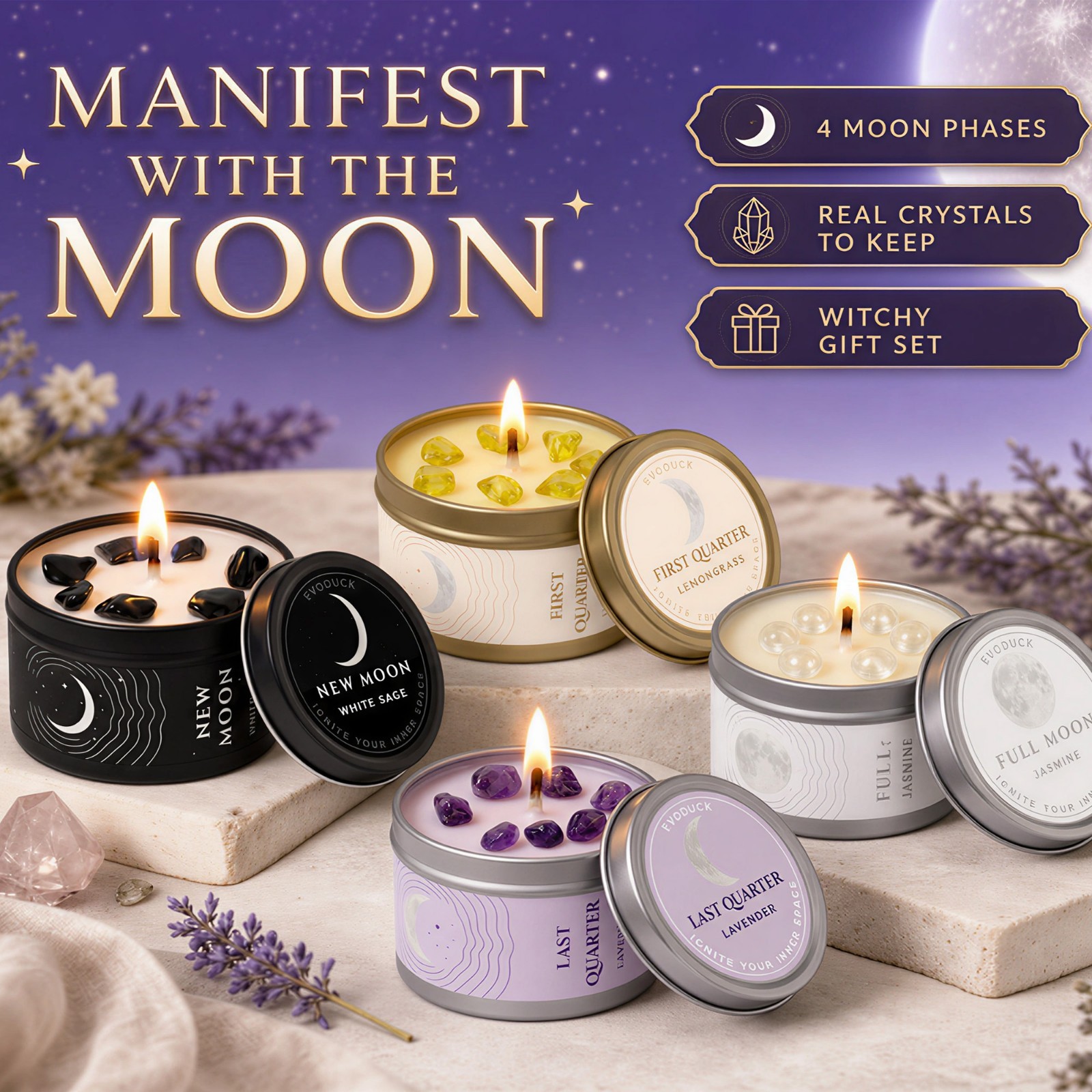 Moon Phase Candle Set 4 Crystal Soy Candles Witchy Celestial Gift Set