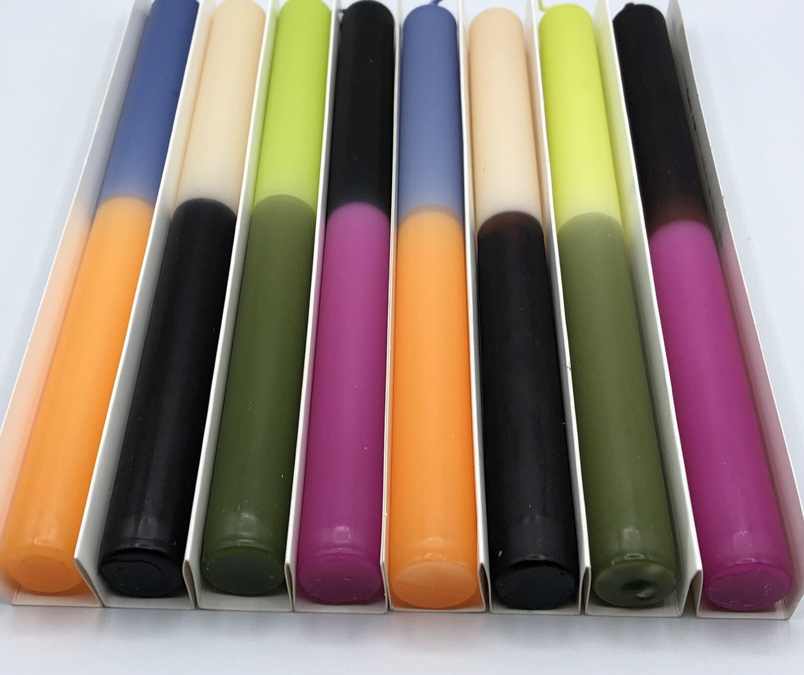 New – Multi Color 10″ Two-Tone Taper Candle Set of 8 – Color-Block Tall Candles