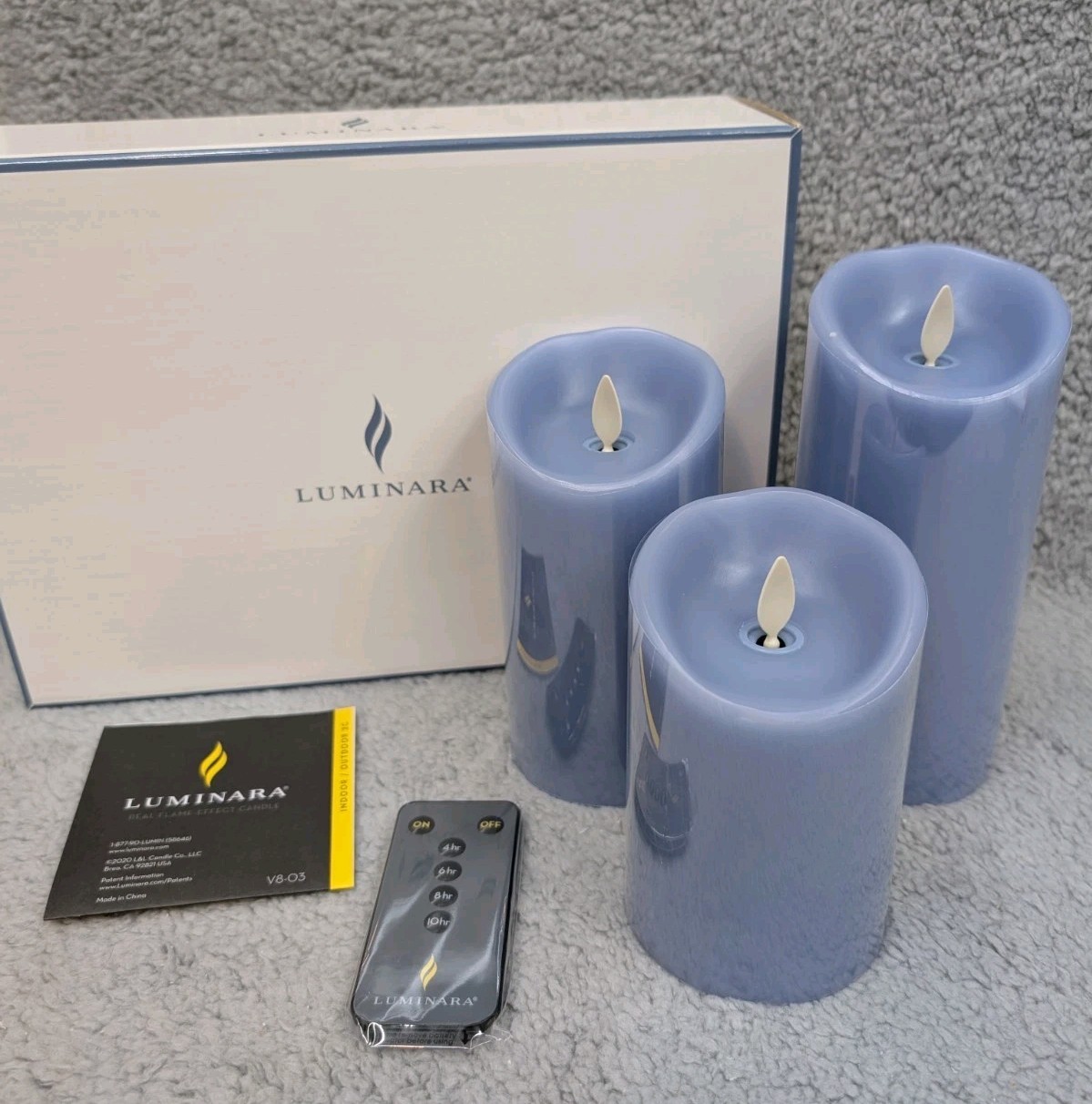 Luminara Set of 3 Flameless Candle Faded Denim Blue 4″, 5″, 6″, Remote, Gift Box