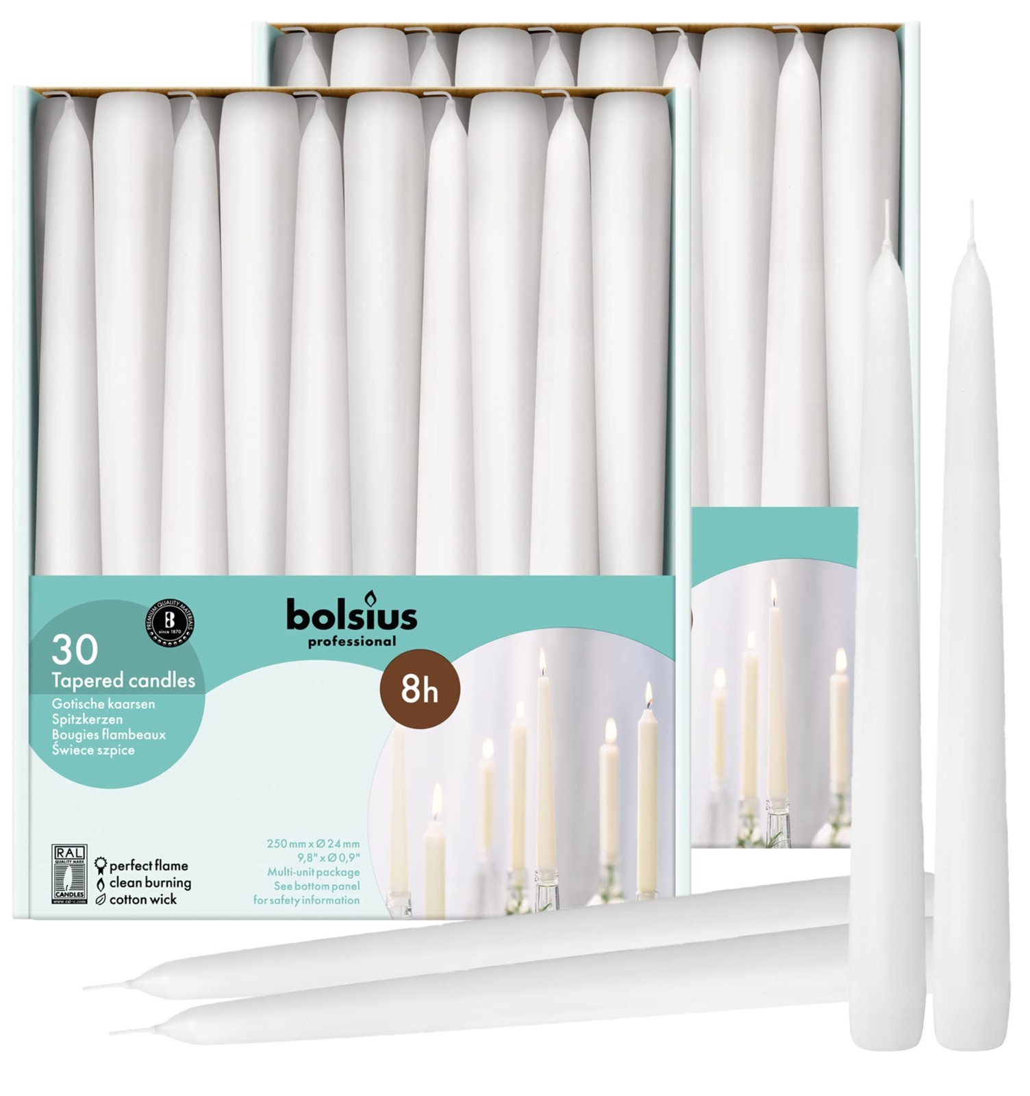 60 Count White Taper Candles – 10 Inch Unscented Dripless – 8 Hour Burn Time – H