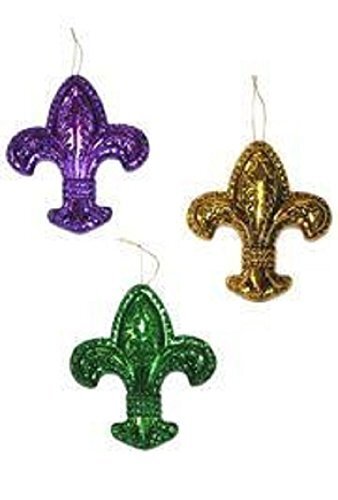 Mardi Gras 3 set 2in x 2 1/2in Metallic Purple Green Gold Fleur-De-Lis Ornament