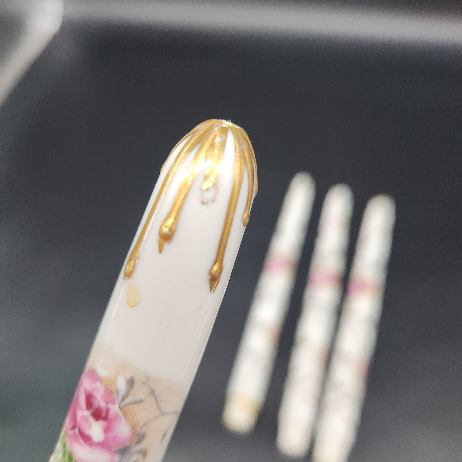 Set of 4 Antique? Porcelain Faux Taper Candles Hand Painted Floral Gold Accents