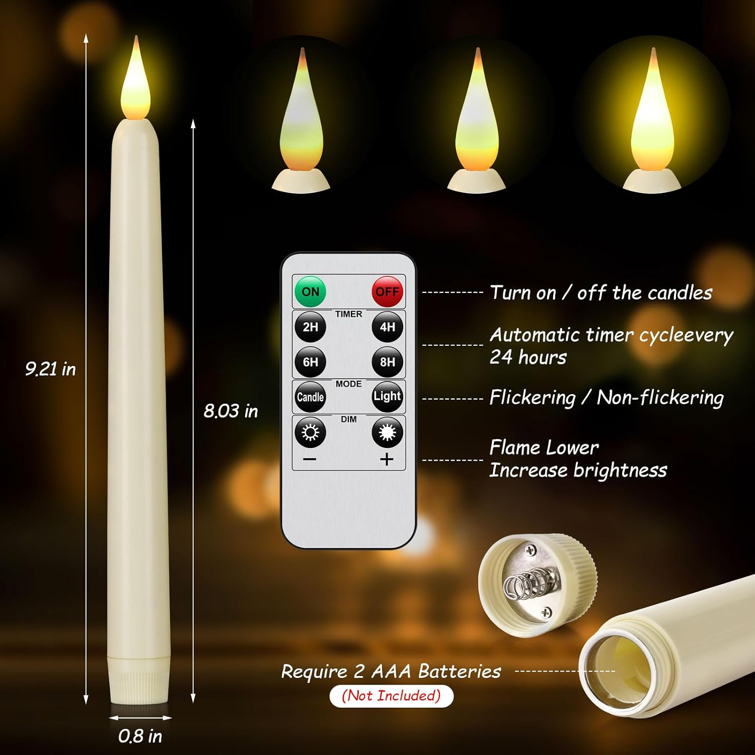 Flameless Taper Candle with Remote Control, 3Pack Plastic LED Candles, Flickerin