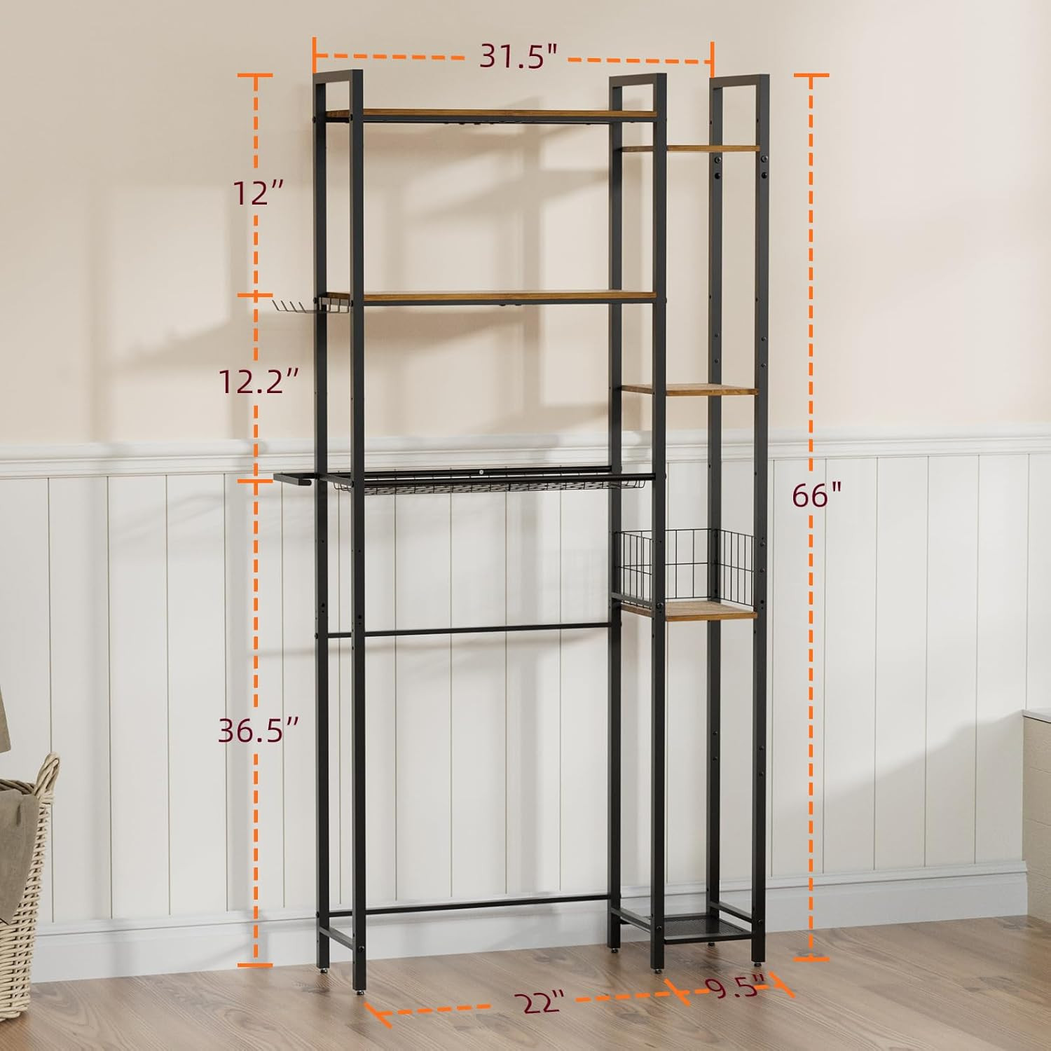 7-Tier Over Toilet Storage Organizer with Wooden Shelf & Side Rack
