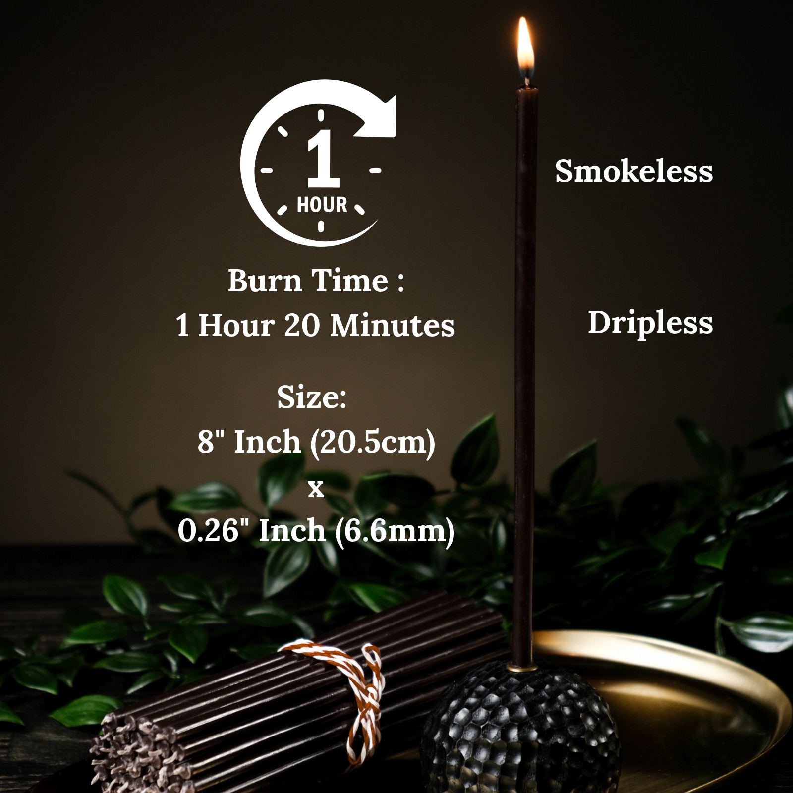 8″ Black Beeswax Taper Candles 0.26″ in diameter Slim Tapers 1hour 20min burn