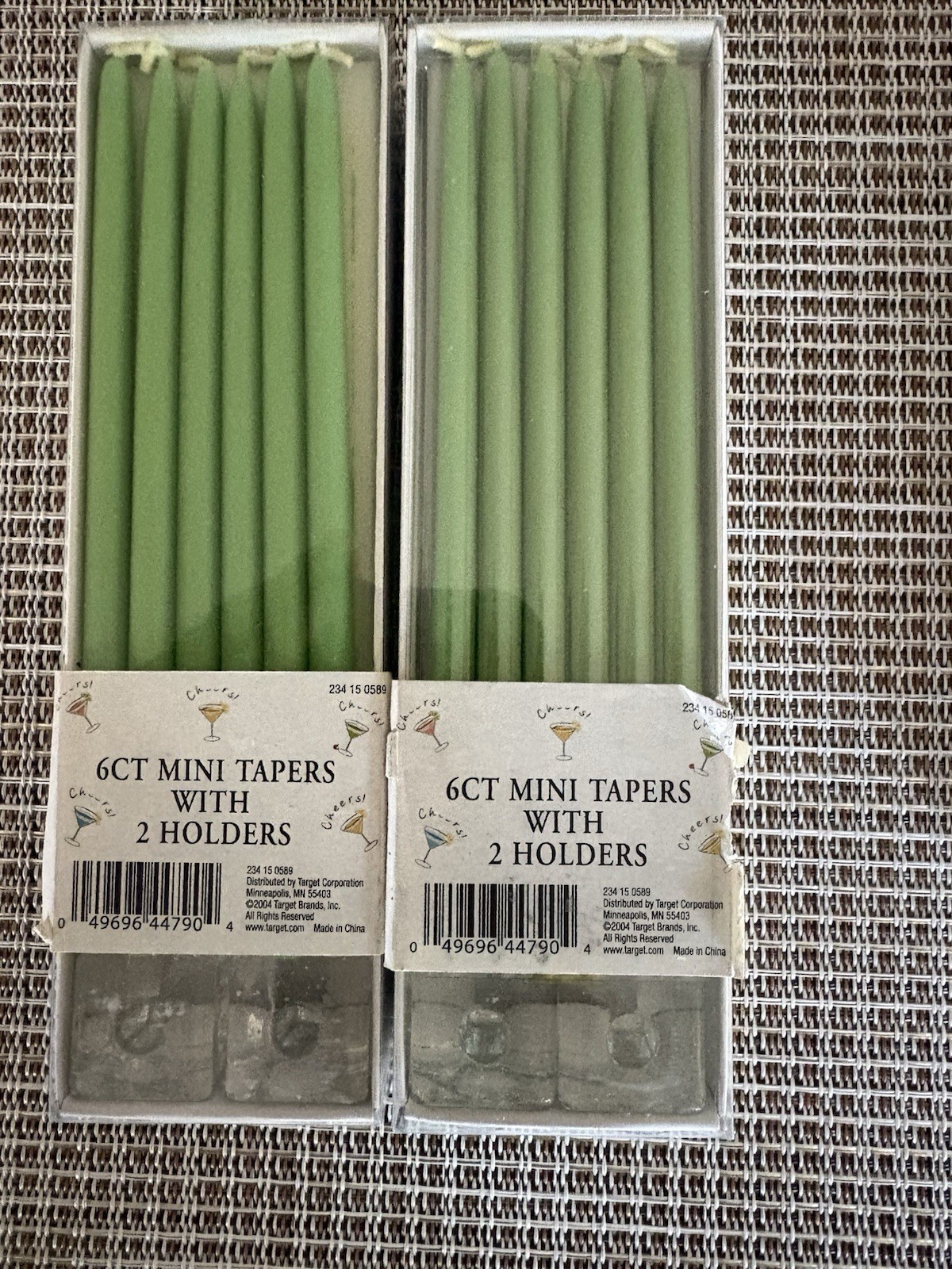 Lot of 3 Target Mini Candle Tapers 2004 Green White 6″ w/Cube Holders