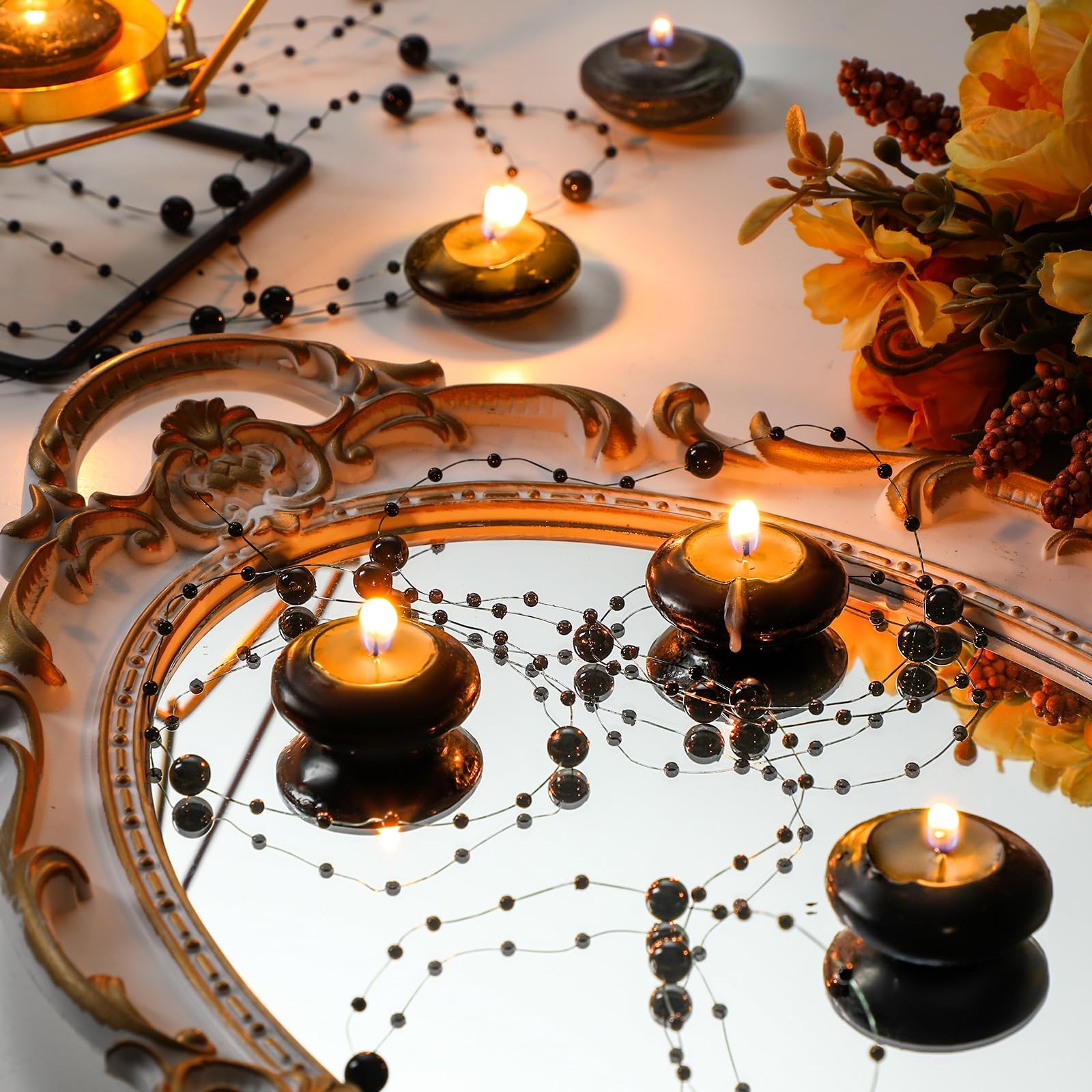 Fumete 40 Pcs Black Floating Candles with Pearl Strings
