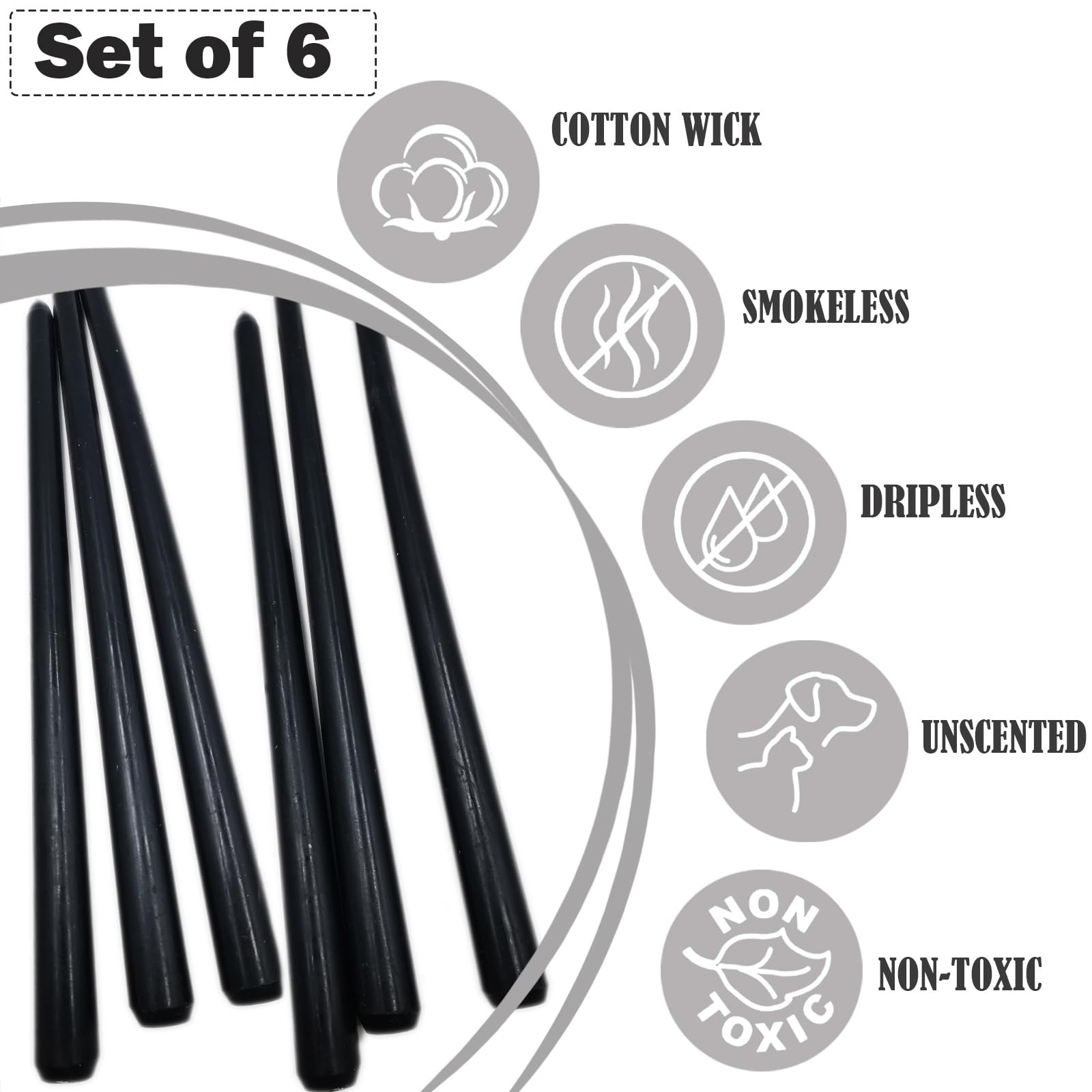 6 Pack Black Taper Candles 12 Inch, Dripless, Smokeless, Long Burning, Halloween
