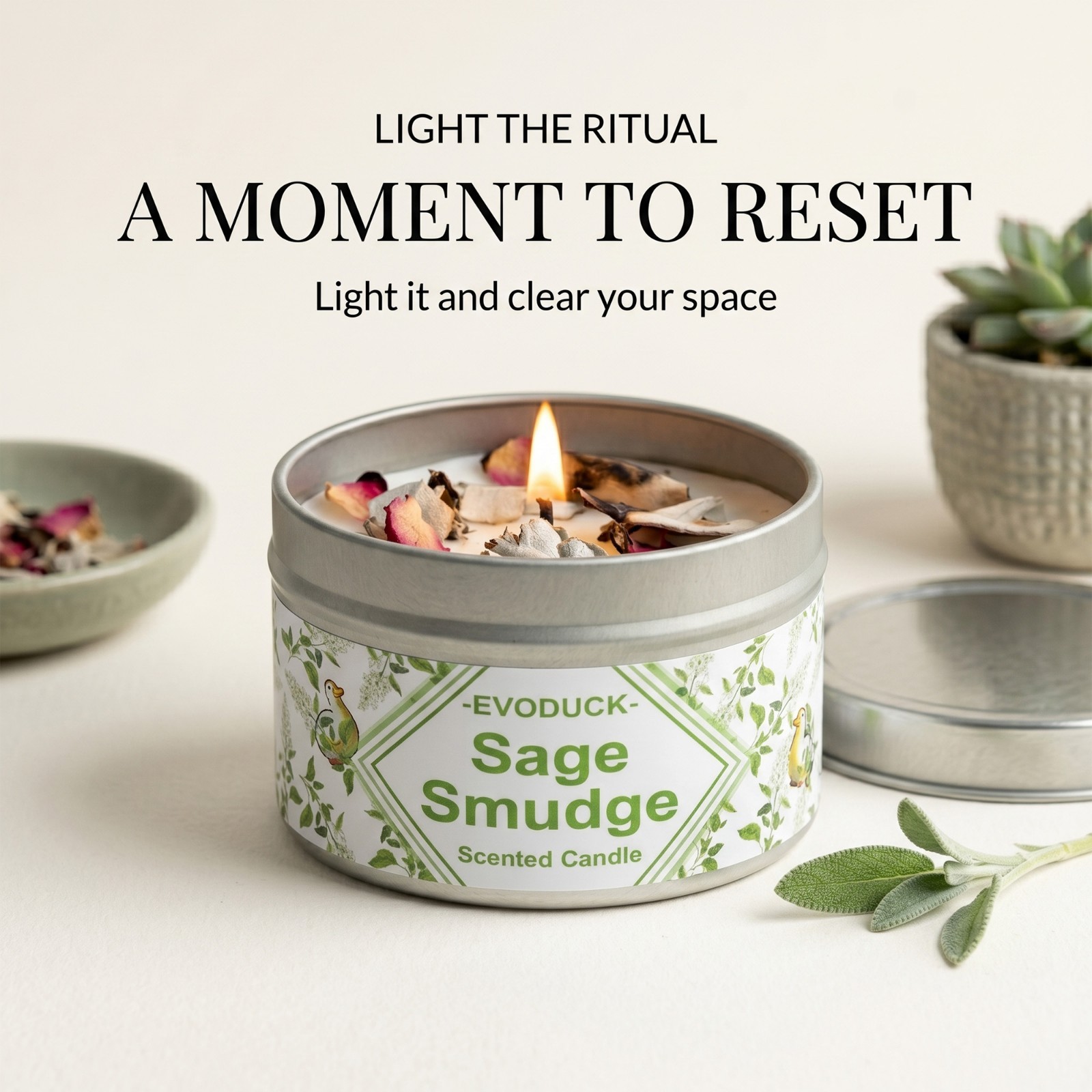 2 Pack Sage & Palo Santo Smudge Candle Soy Cleansing Dried Botanicals Gift Set