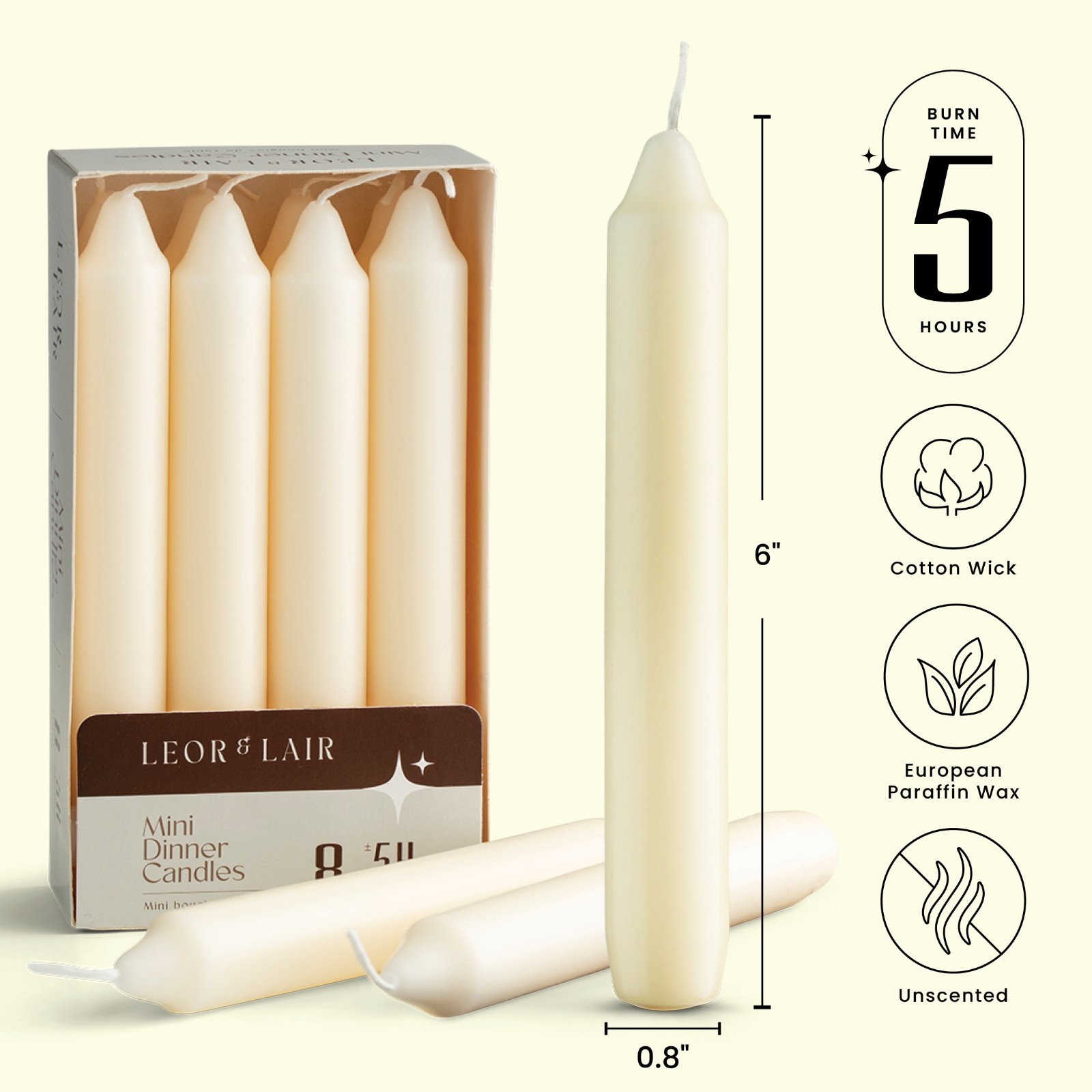 Leor & Lair Short Taper Candles – 8 Pack – 6″ Small Candlesticks, 5 Hours