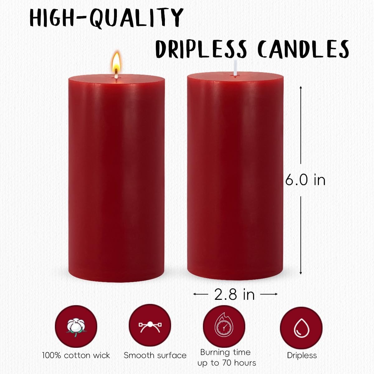 3 Packs 2.8×6 Inch Red Pillar Candles, Unscented Dripless Long Burning Colore…
