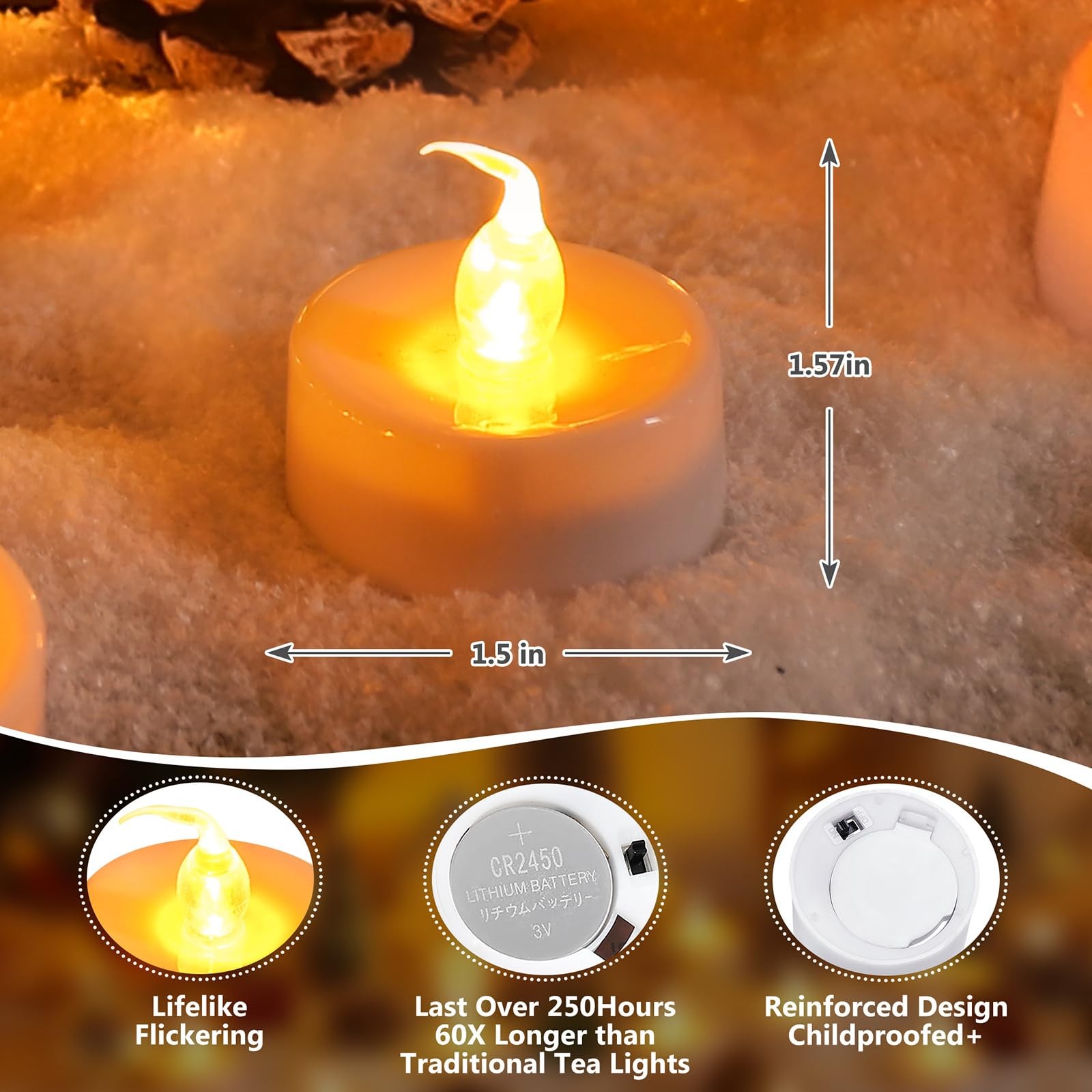 12 PCS CR2450 Battery Flickering Flameless Tea Light Candles Yellow Votives