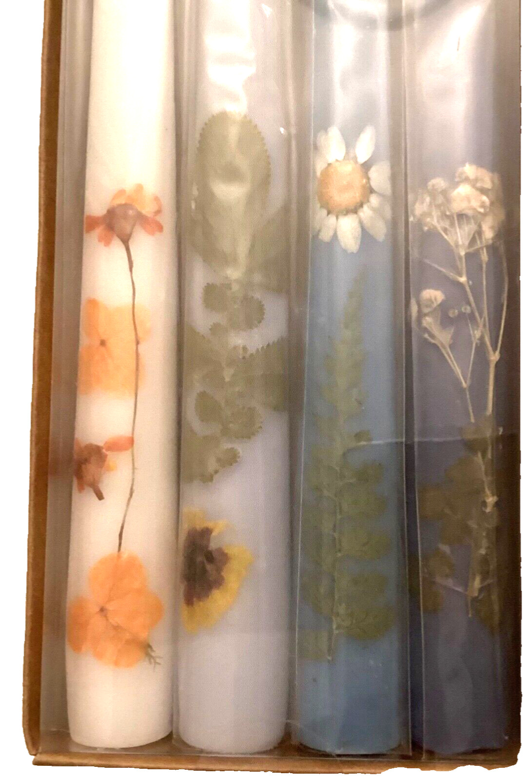 Set of 4 Blue, White 12” Unscented Botanical Light Tapered Candles —#262