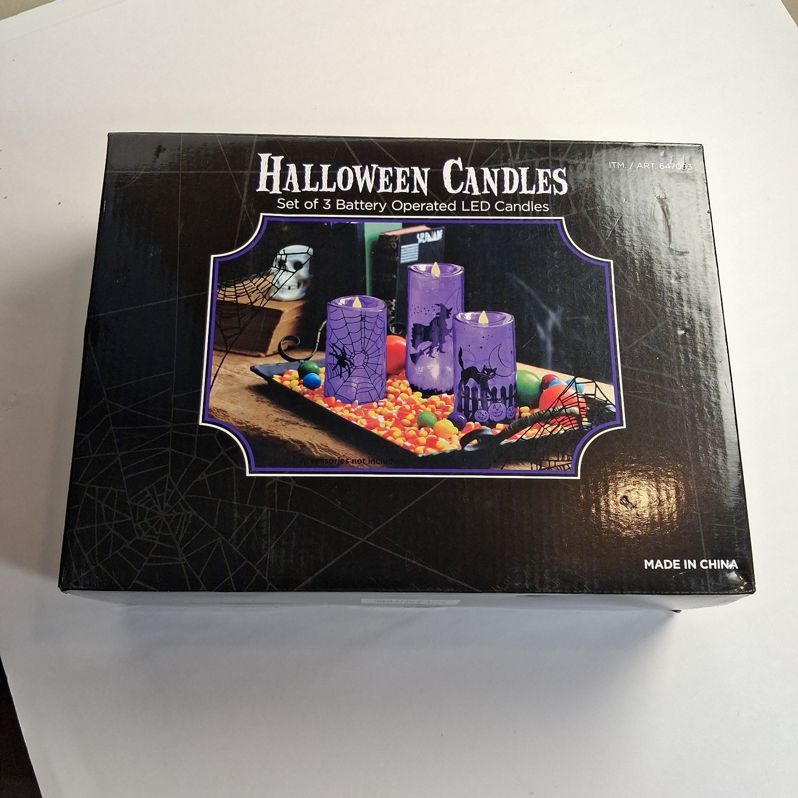 LED Halloween Candles Battery Operated Purple Set of 3 Witch Cat Spider Working