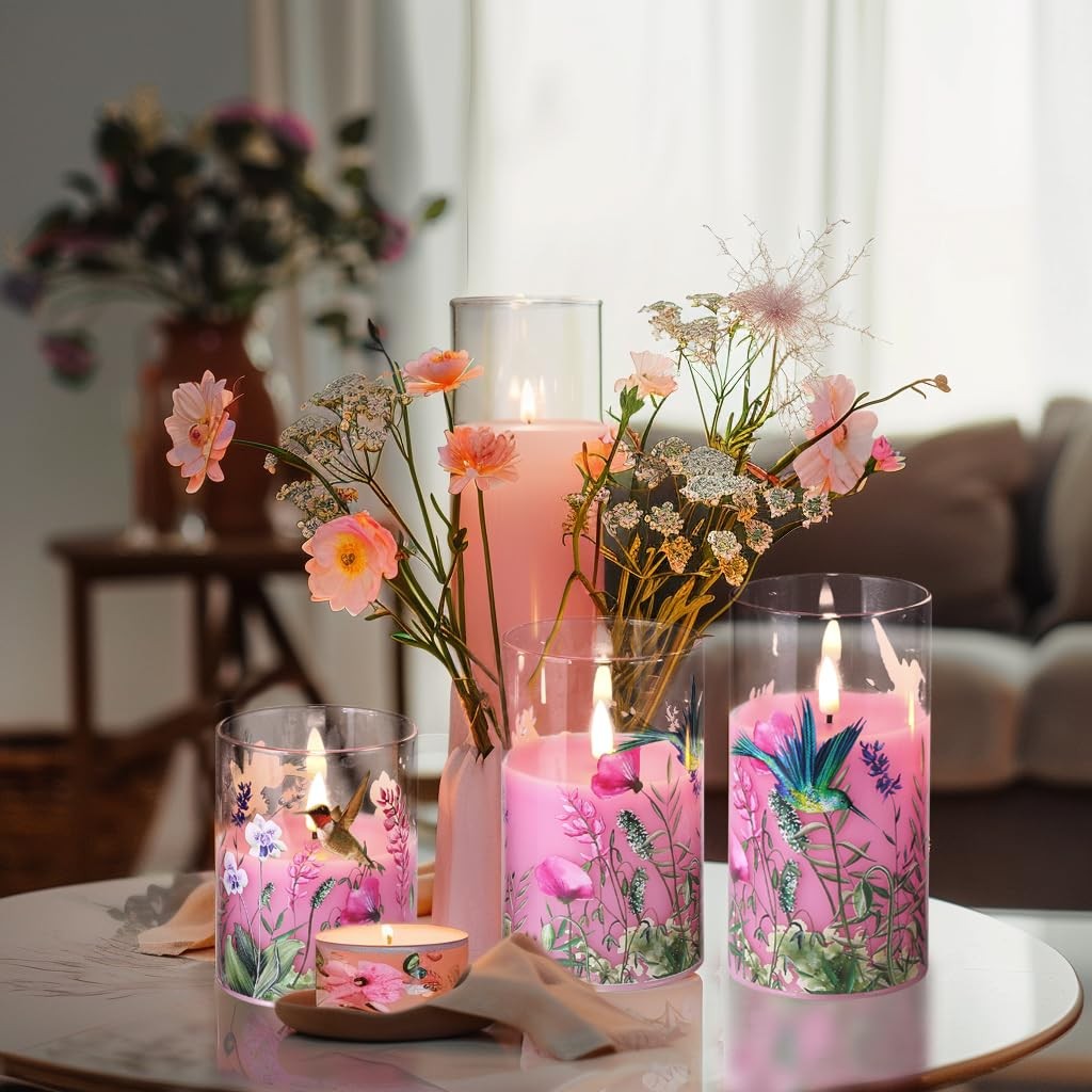 Eywamage Pink Hummingbird Floral Glass Flameless Candles with 3,