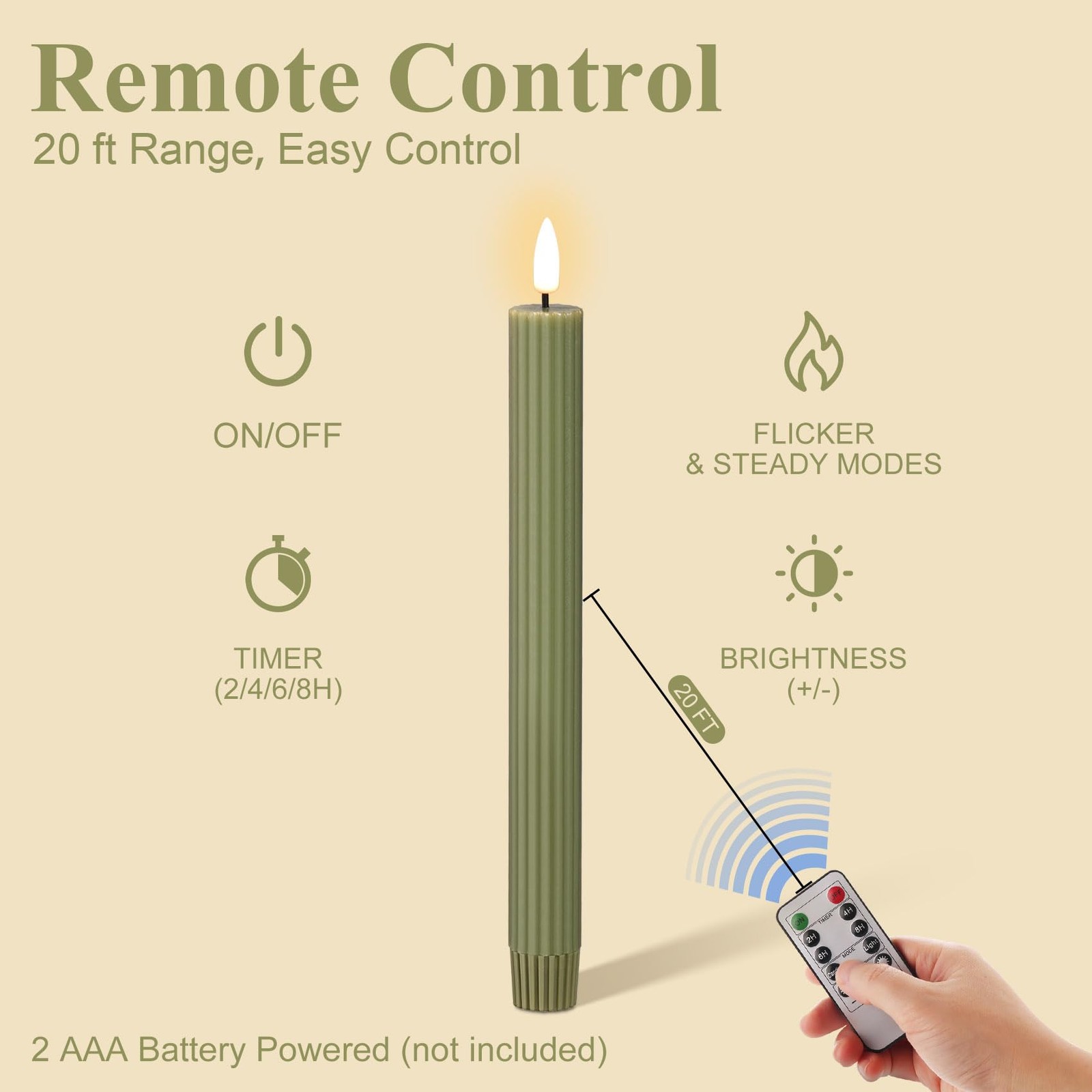 4 PCS Olive Green Ribbed Flameless Taper Candles Remote Flickering Wax