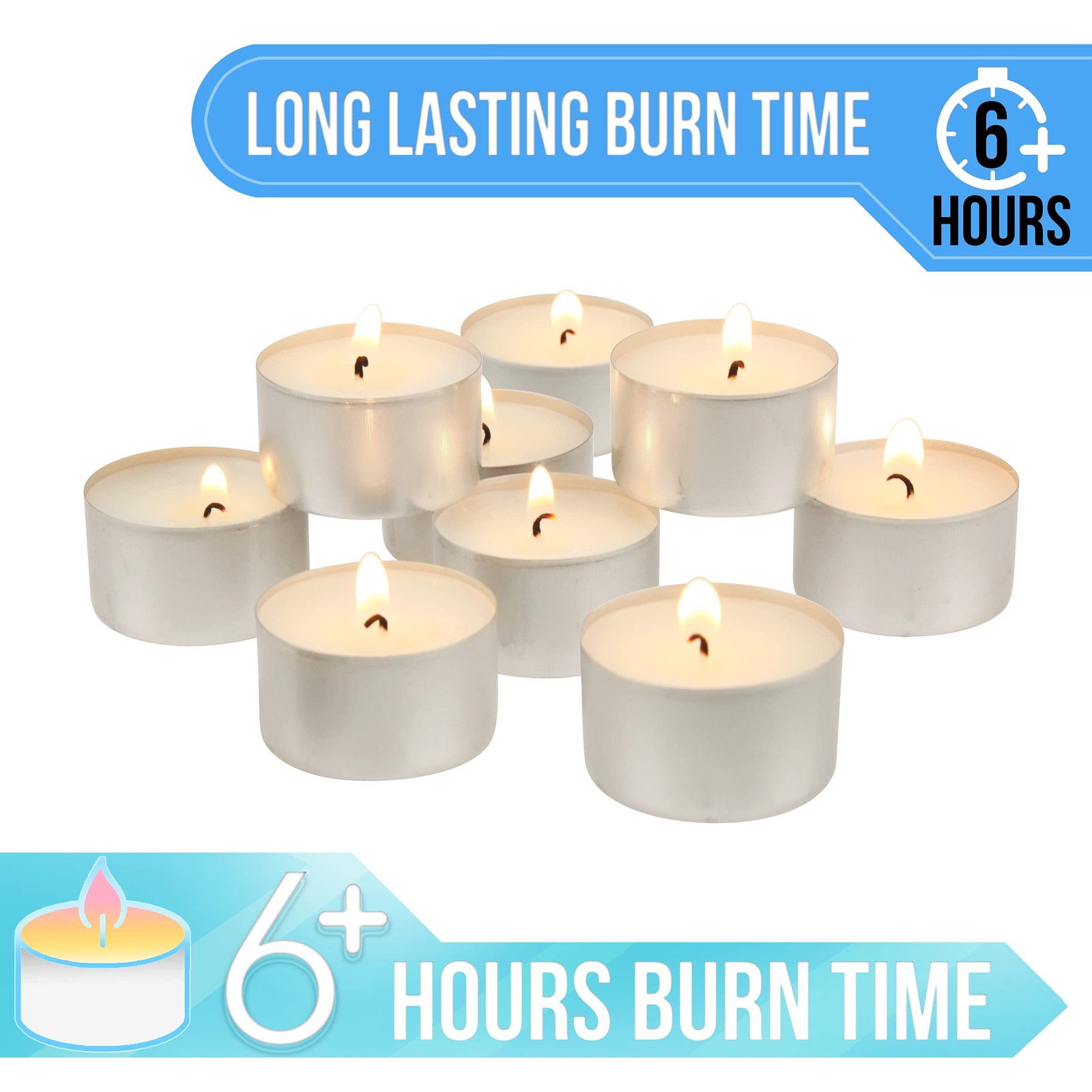 Unscented Long Burning White Tealight Candles, Bulk Pack, 6-7 Hour Burn Time,