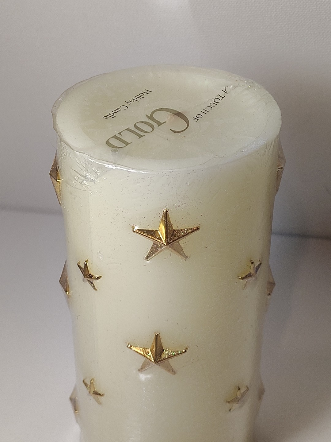 Vintage “A Touch of Gold” Wax Pillar Candle Glitter Cream Gold Stars 6.25″ New