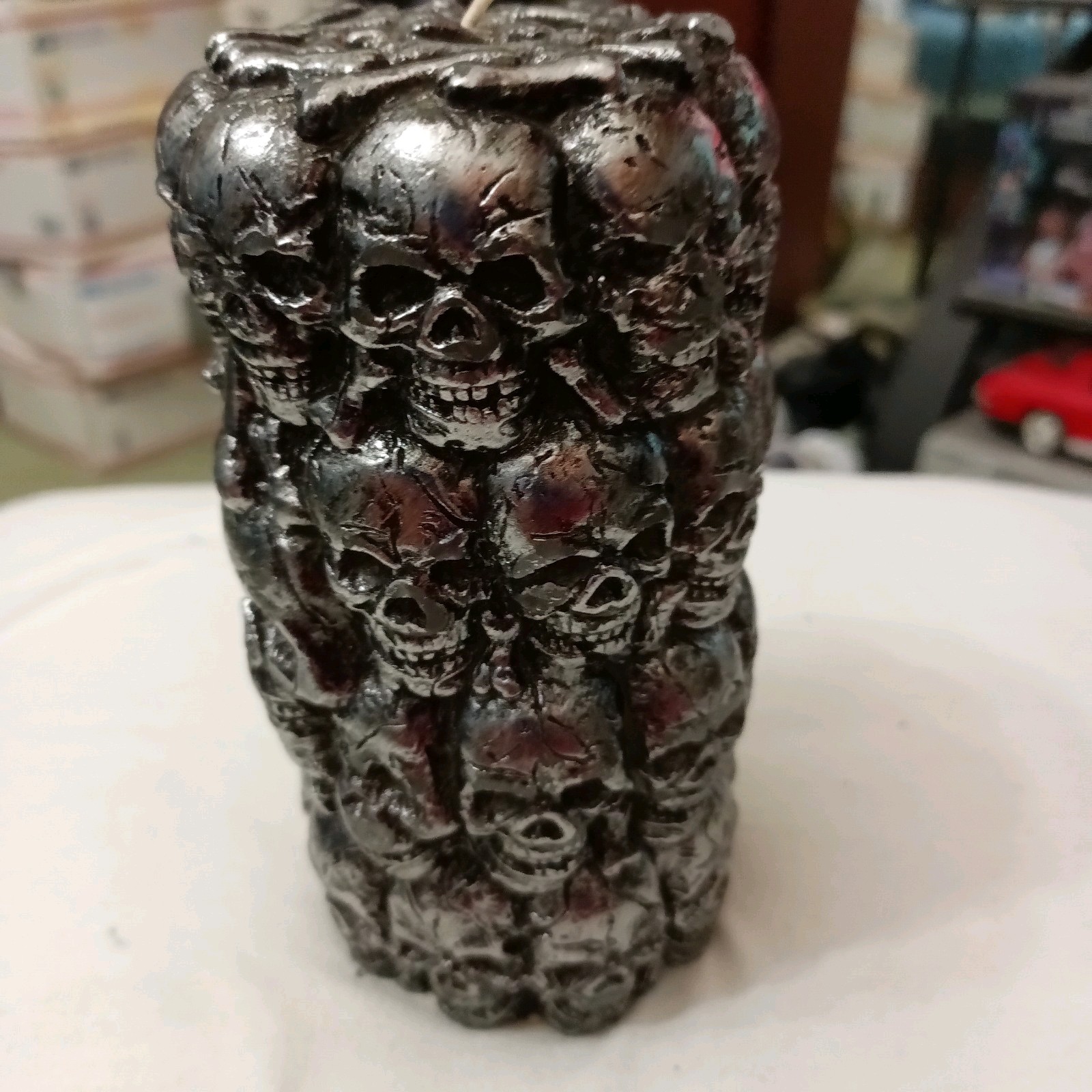 Skulls Wax Silver Pillar Candle 6in Tall 3in Wide New