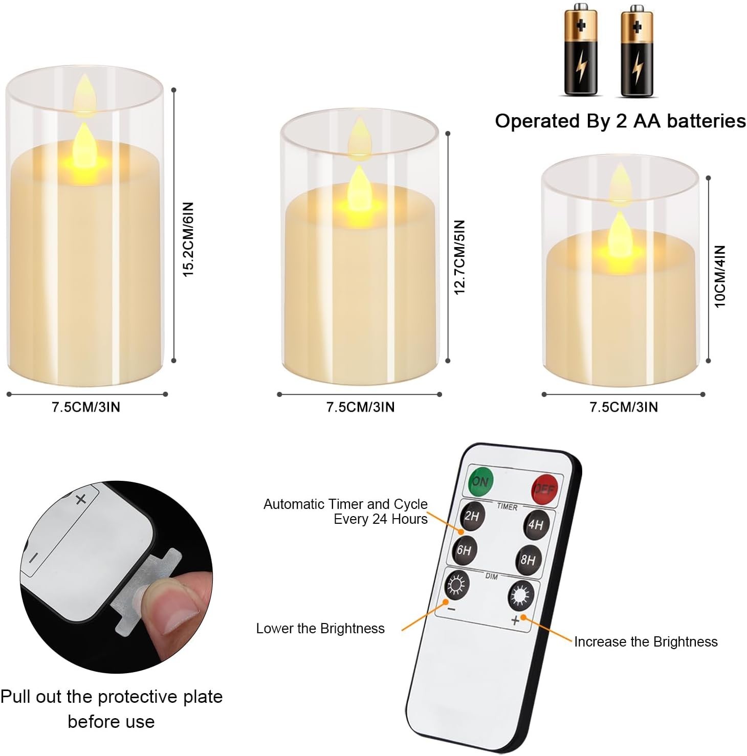 Flameless Candles 4″ 5″ 6″ Acrylic Glass Pillars 3″ Diameter Battery Operated…